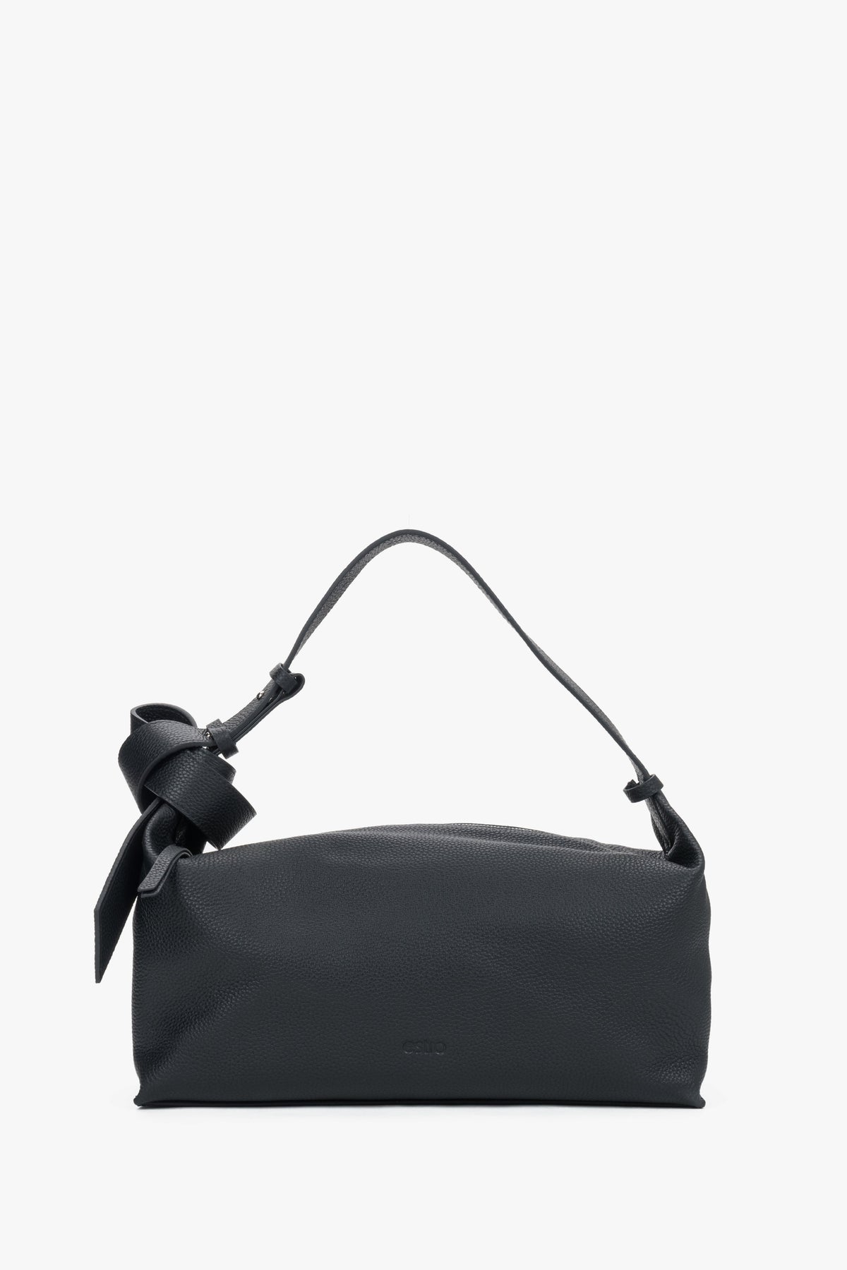 Women's Minimalist Black Leather Shoulder Bag with Decorative Knot Strap Estro ER00120881.