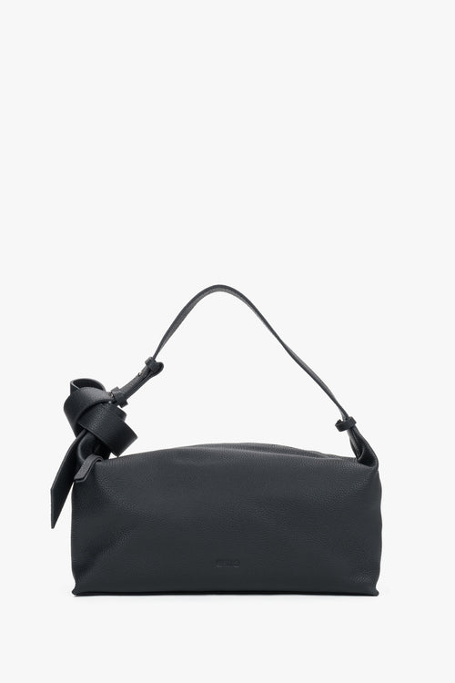 Women's Minimalist Black Leather Shoulder Bag with Decorative Knot Strap Estro ER00120881.