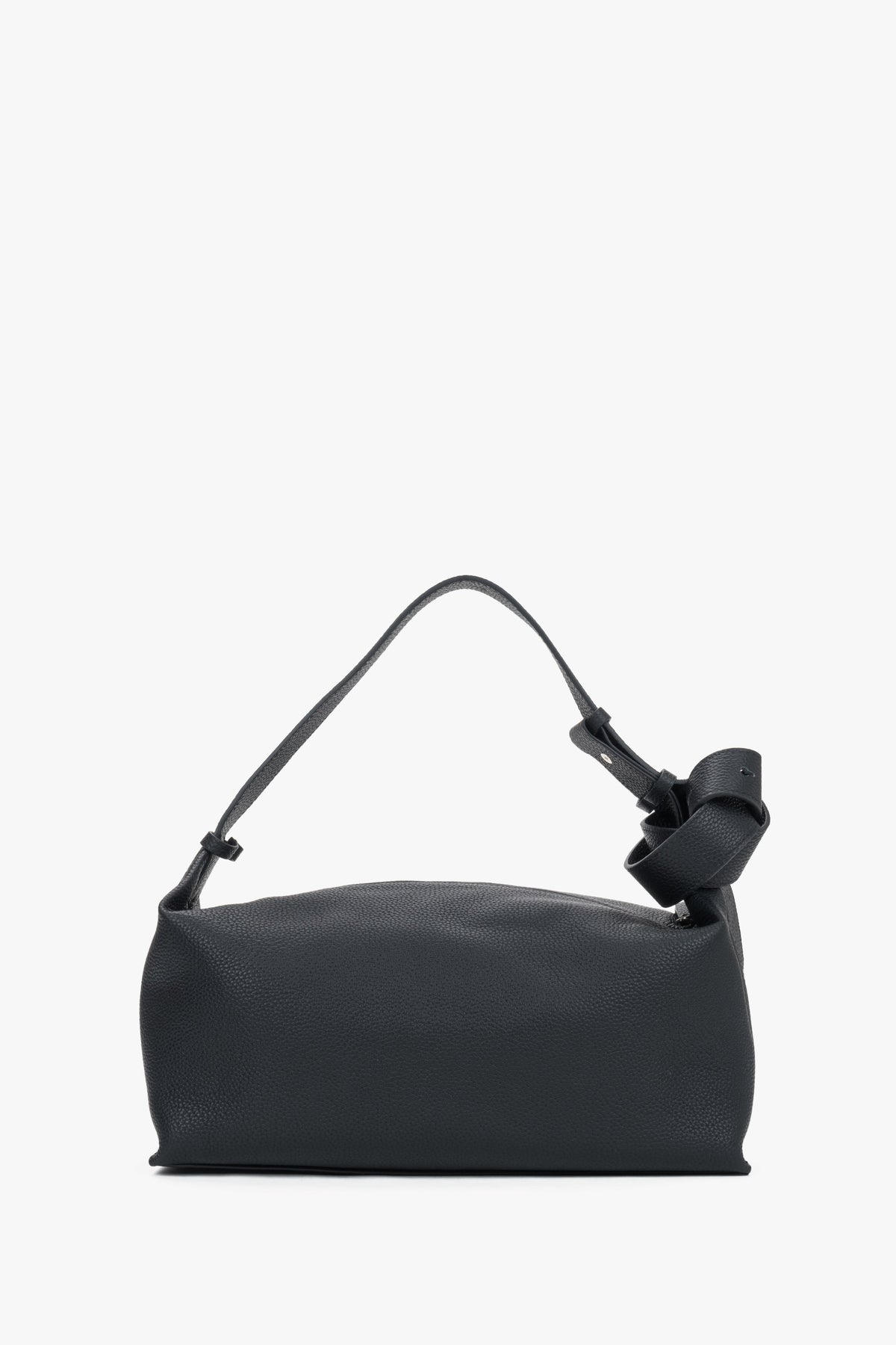 Women's minimalist black genuine leather shoulder bag with decorative knot strap Estro.
