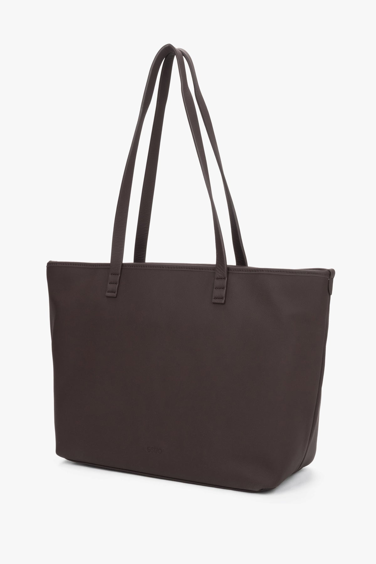 Estro - women's minimalist dark brown genuine leather shopper bag.