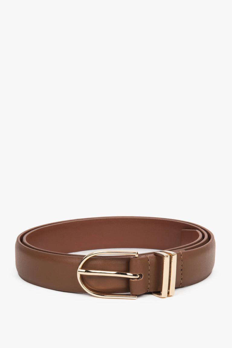 Women’s Minimalist Light Brown Leather Belt with Gold-Tone Hardware Estro ER00118262.