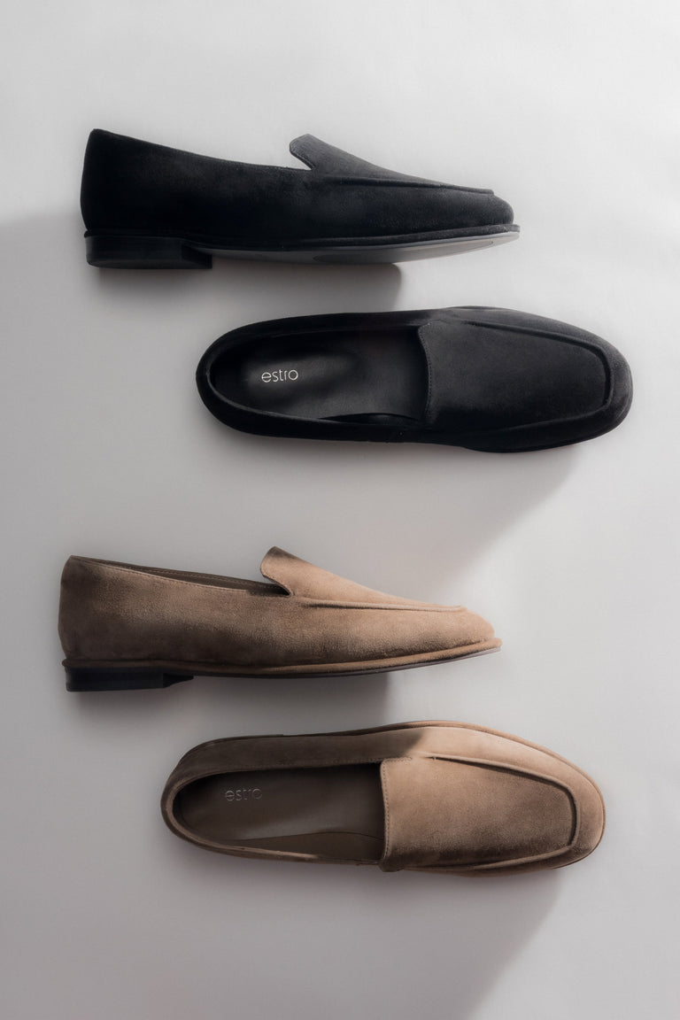 Women’s brown velour loafers – color presentation.