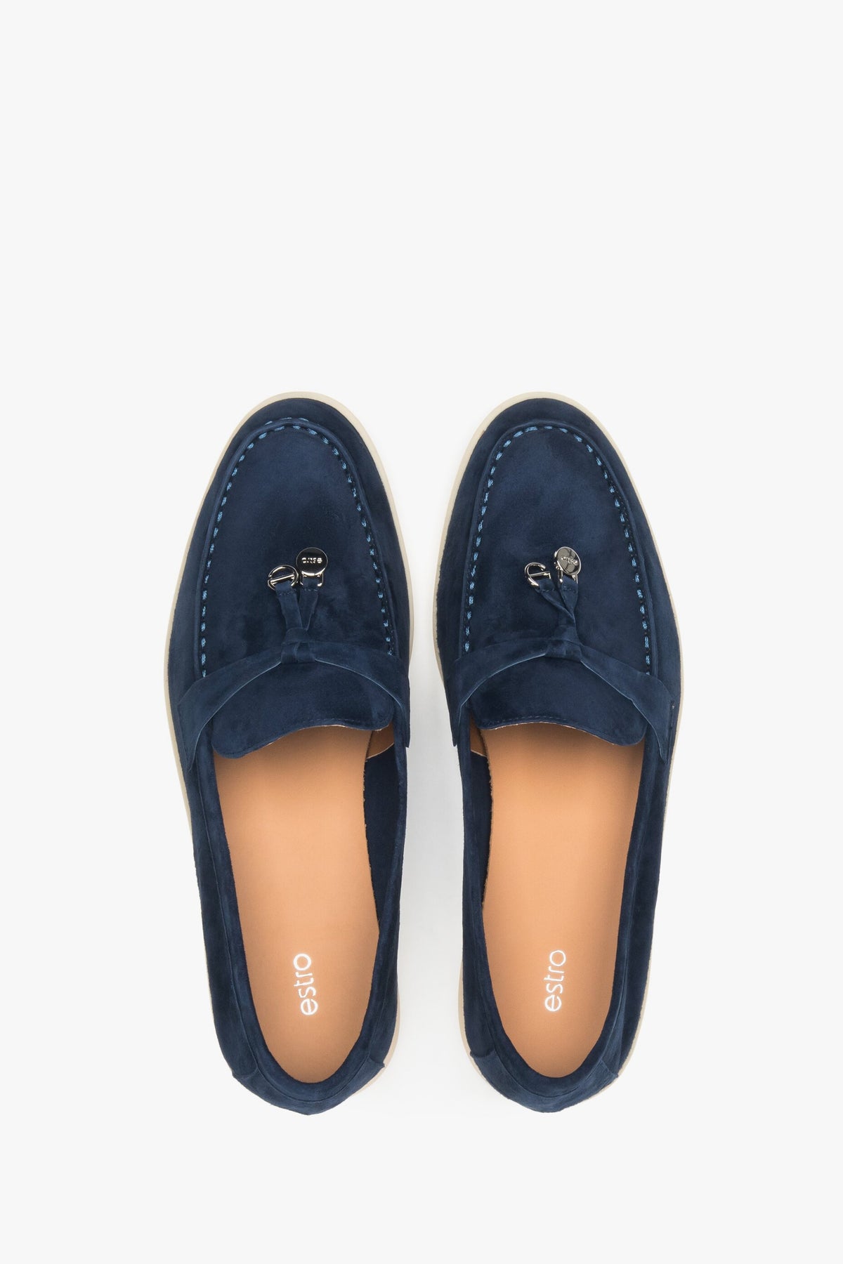 Estro navy blue velvet loafers - view from above.