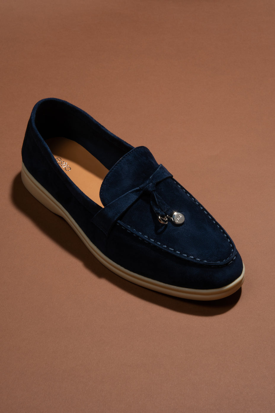 Estro navy blue velvet loafers - view from above.