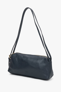 Navy blue women's oblong shoulder bag made of pebbled premium Italian genuine leather