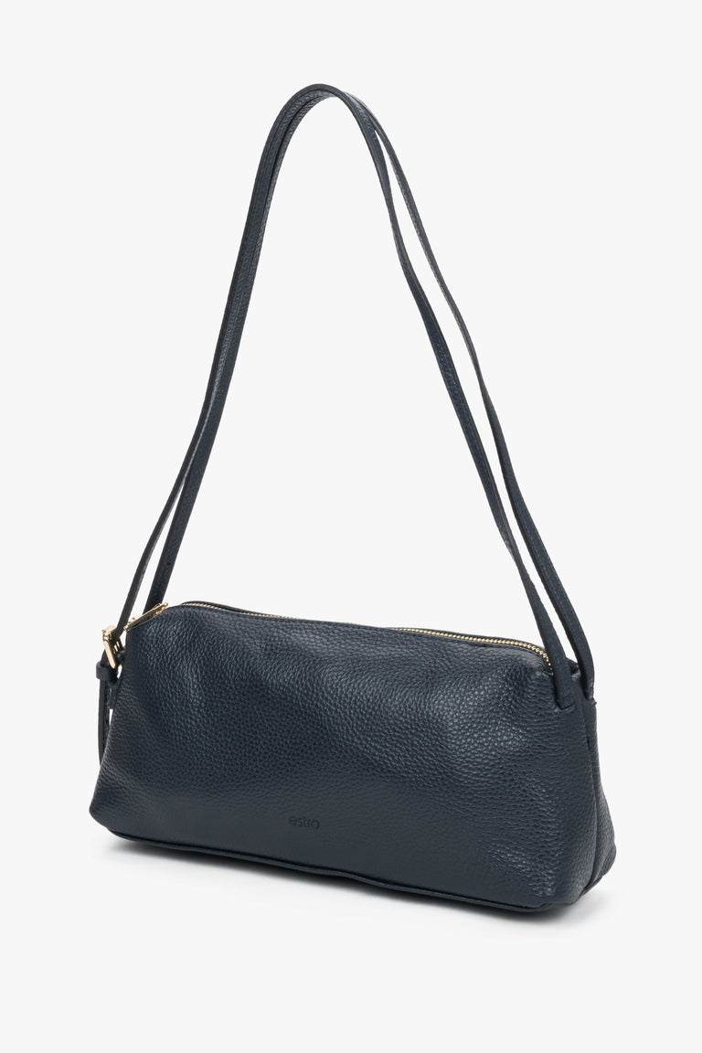 Navy blue women's oblong shoulder bag made of pebbled premium Italian genuine leather