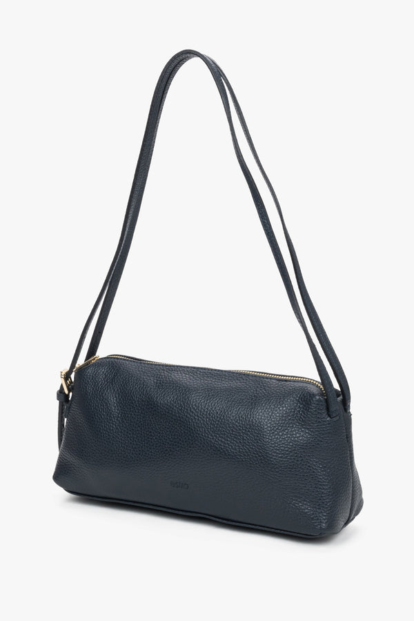 Navy blue women's oblong shoulder bag made of pebbled premium Italian genuine leather