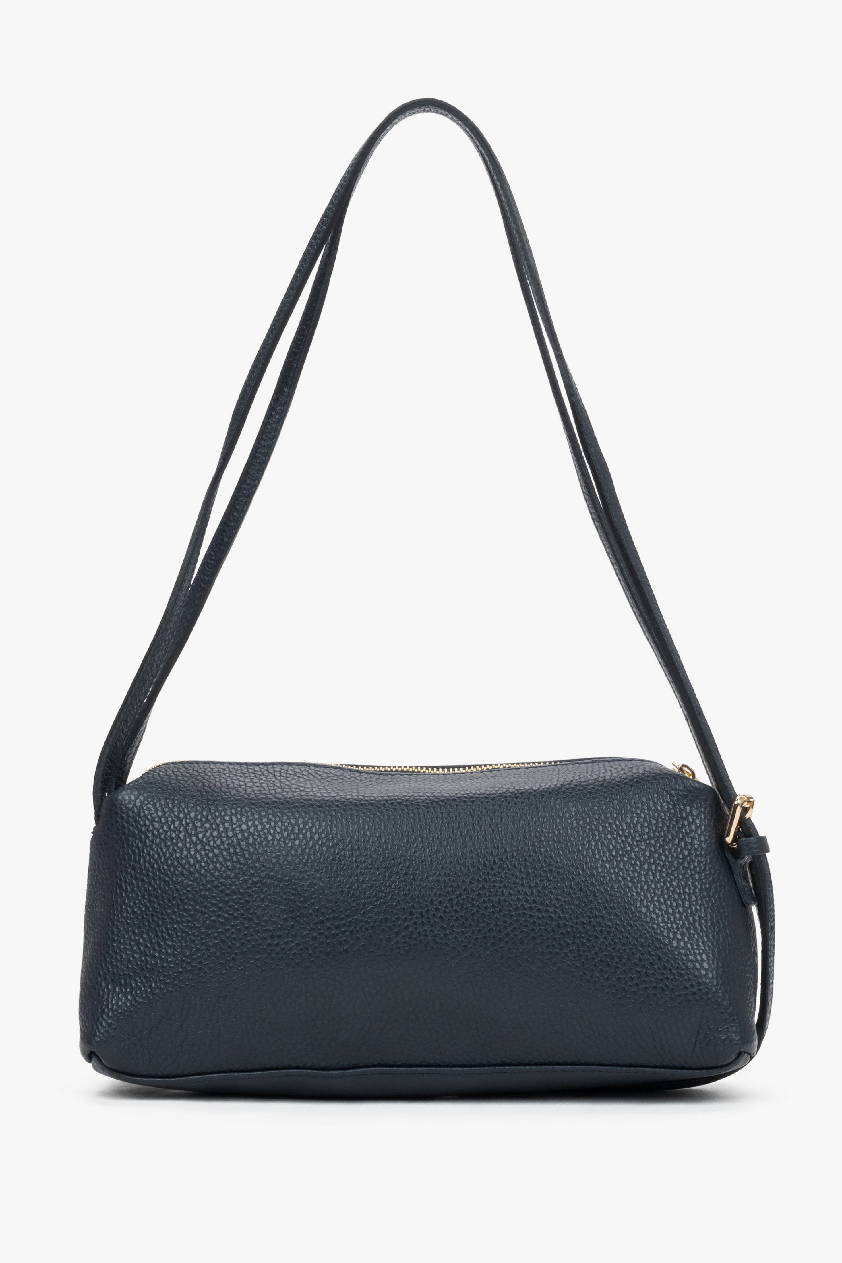 Stylish navy blue women's handbag made of textured premium Italian leather in an oblong design.