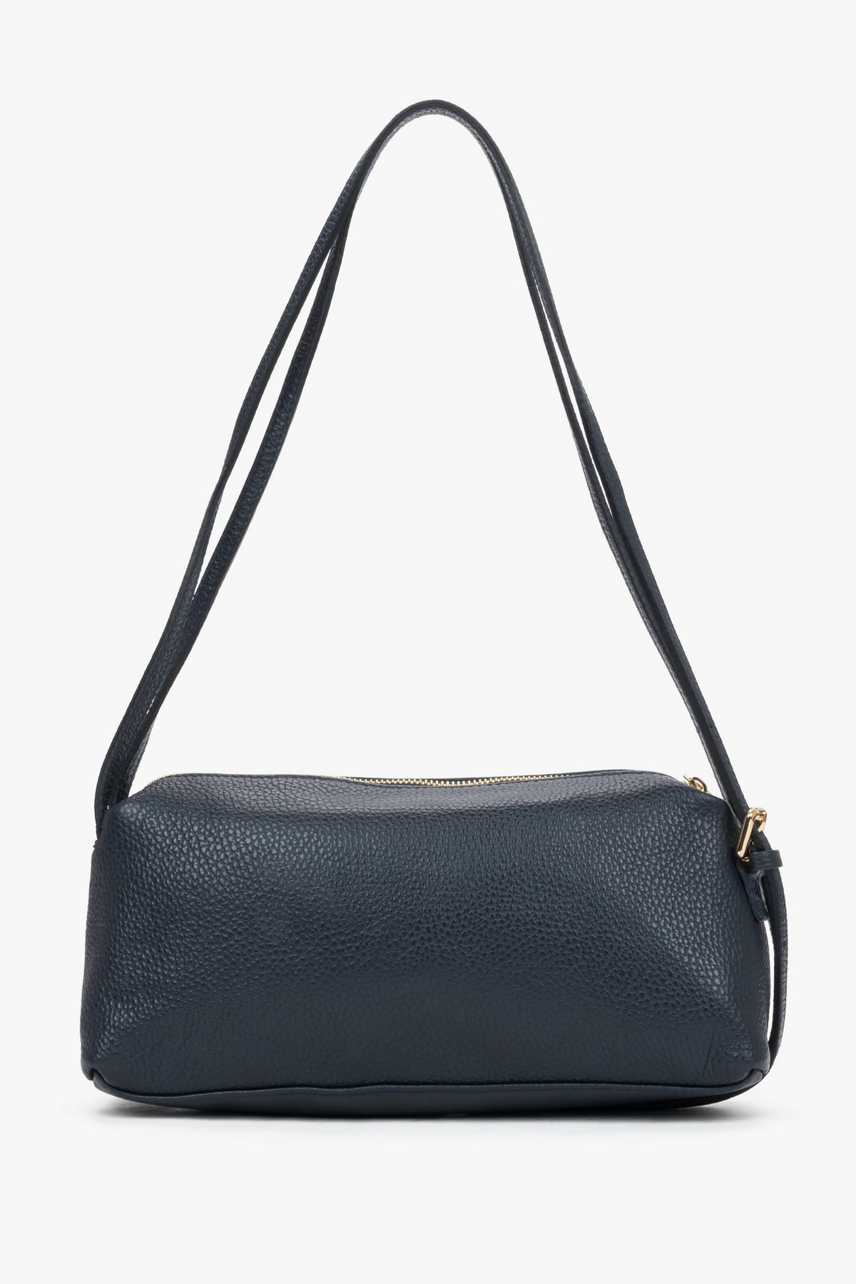 Stylish navy blue women's handbag made of textured premium Italian leather in an oblong design.