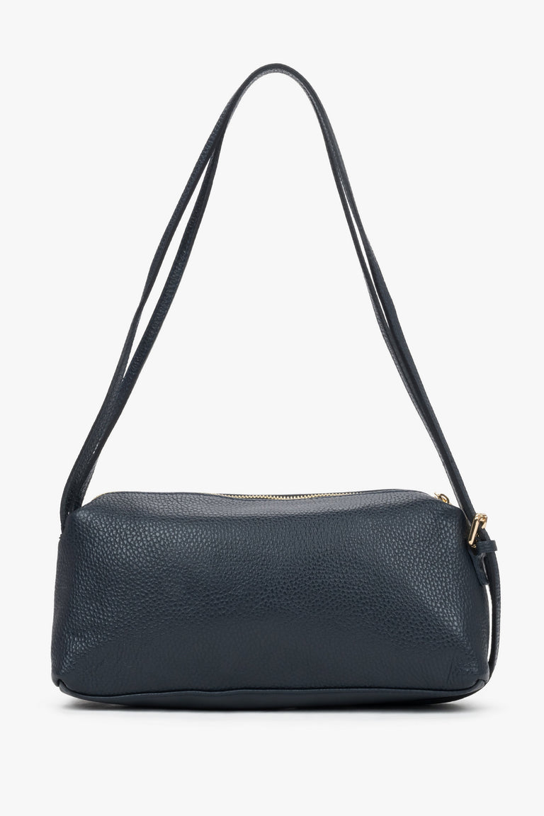Stylish navy blue women's handbag made of textured premium Italian leather in an oblong design.
