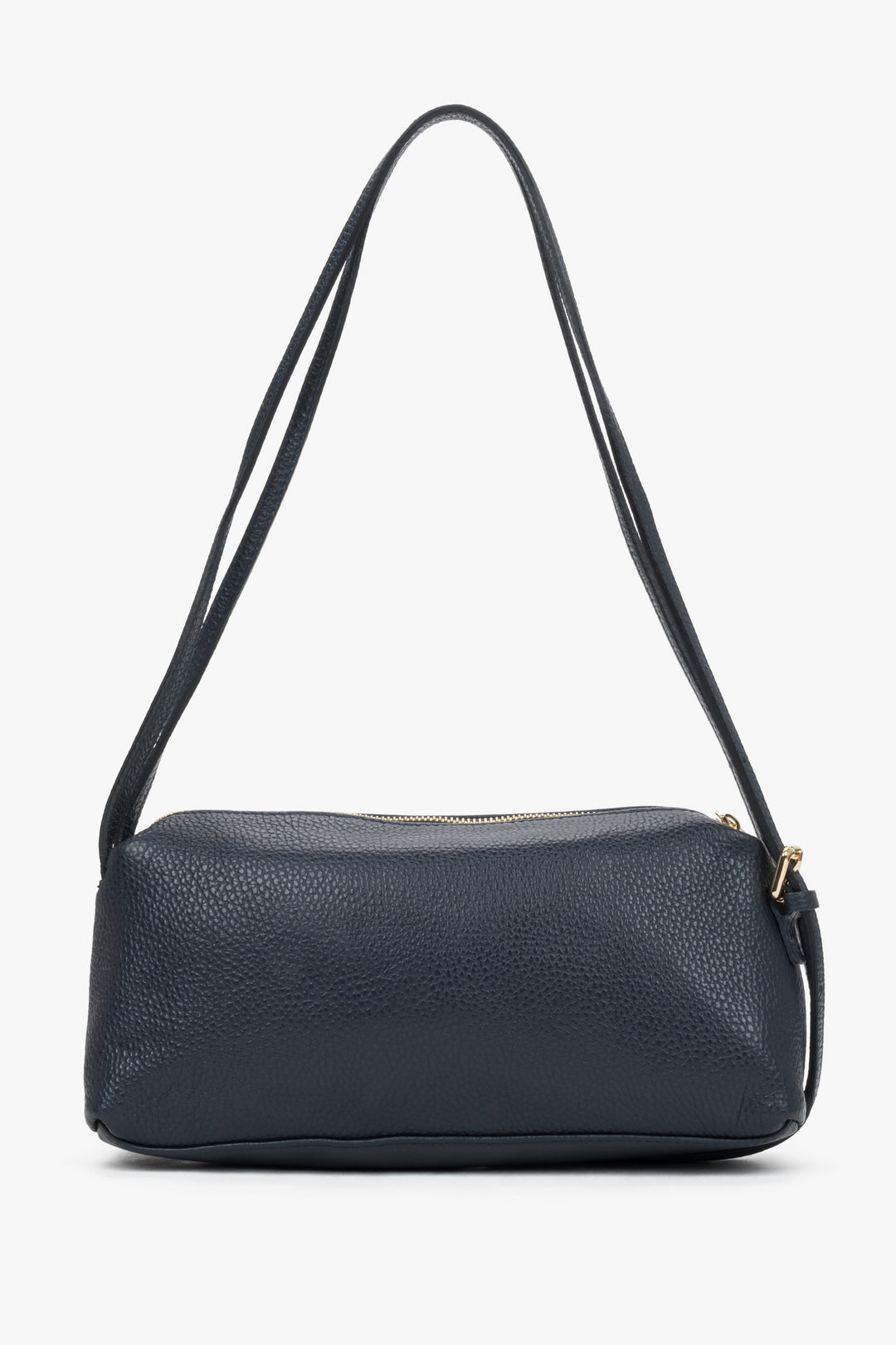 Stylish navy blue women's handbag made of textured premium Italian leather in an oblong design.