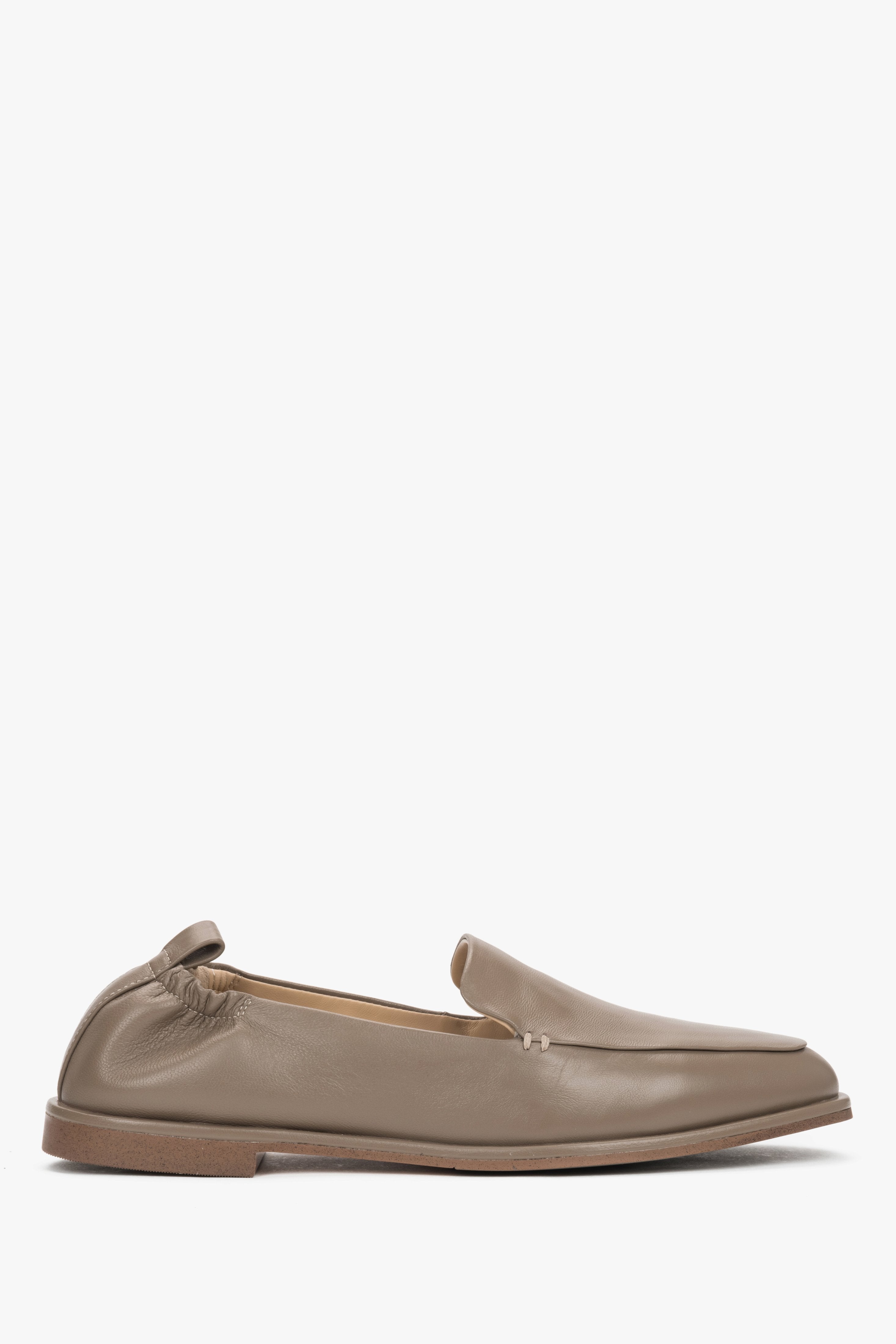 Side view of women's olive green leather loafers by Estro