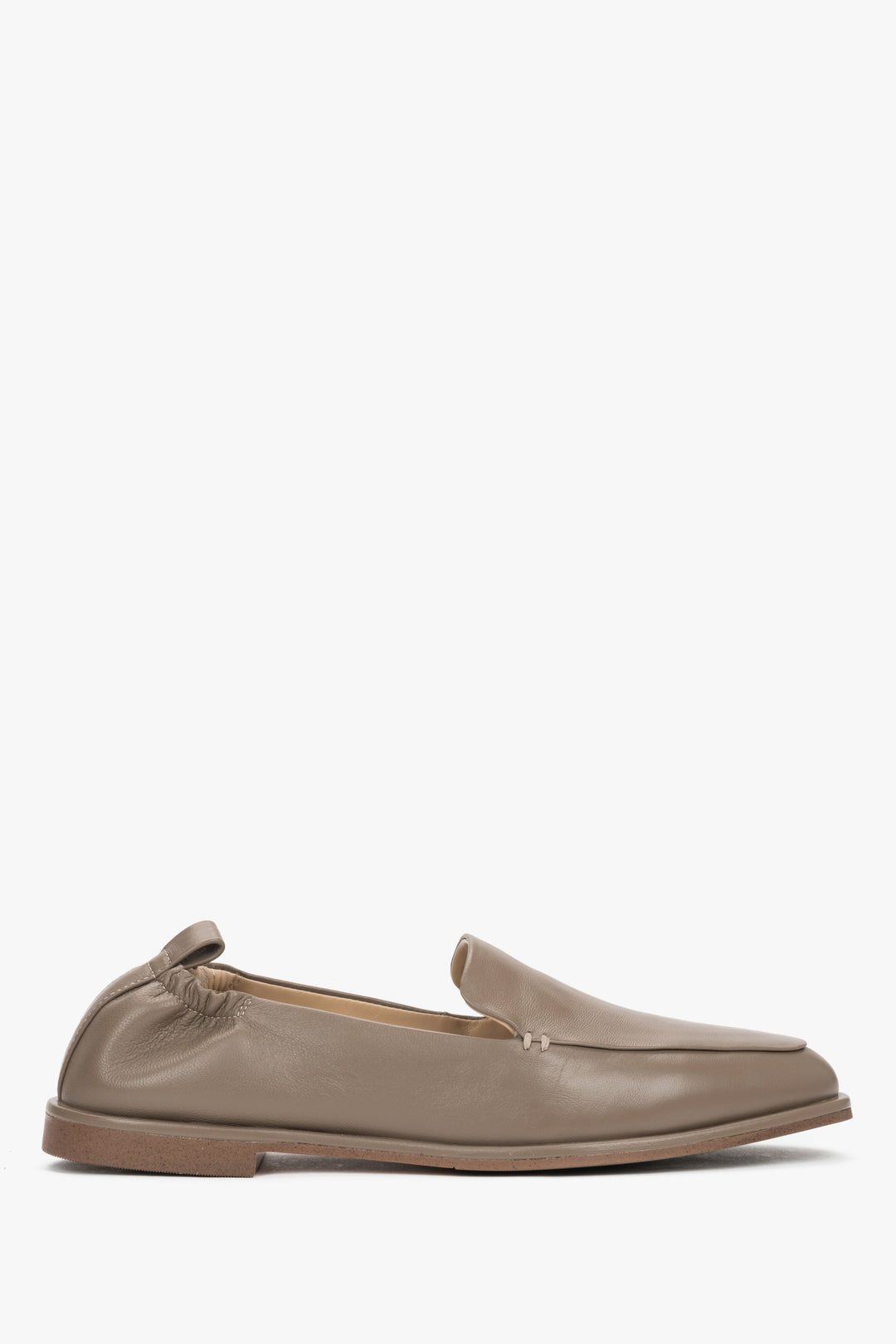 Side view of women's olive green leather loafers by Estro