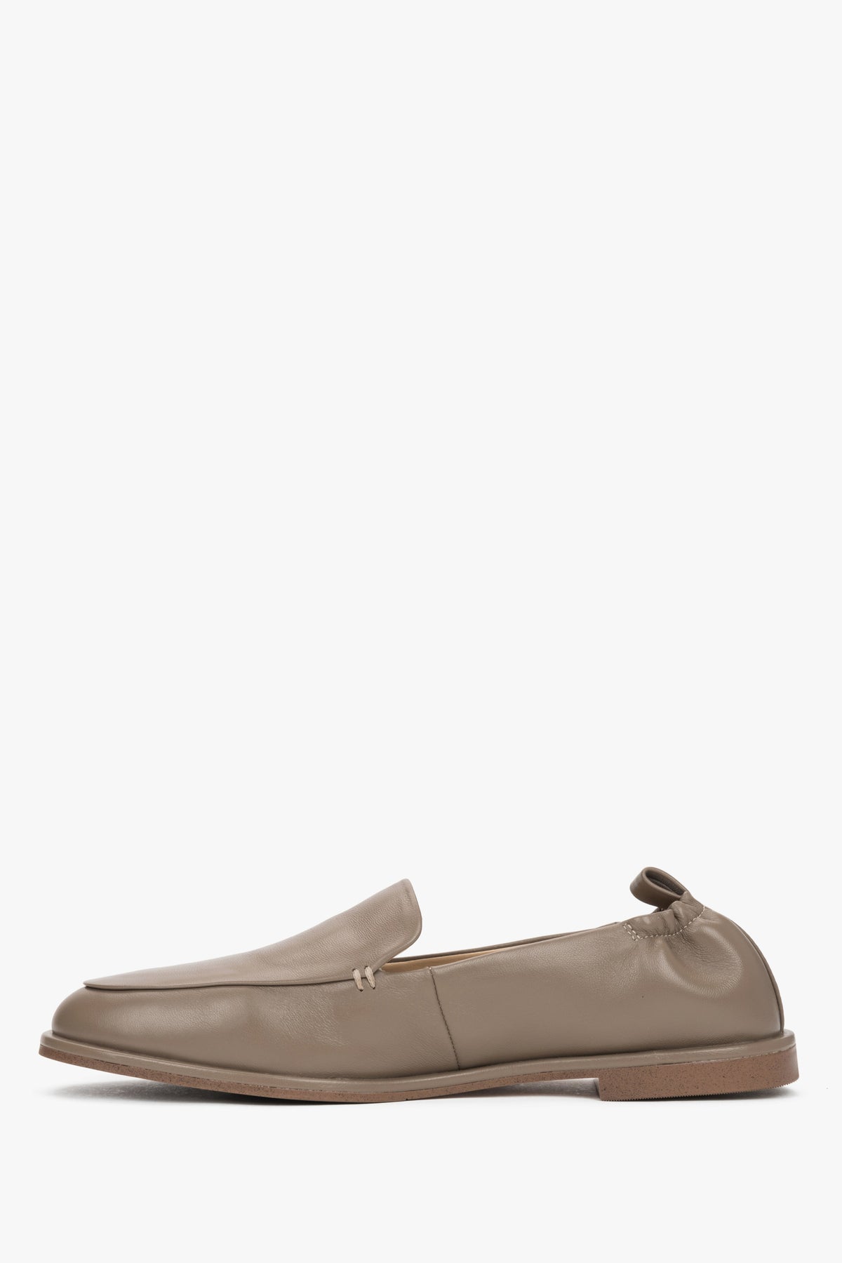 Low side view of women's olive green leather loafers by Estro