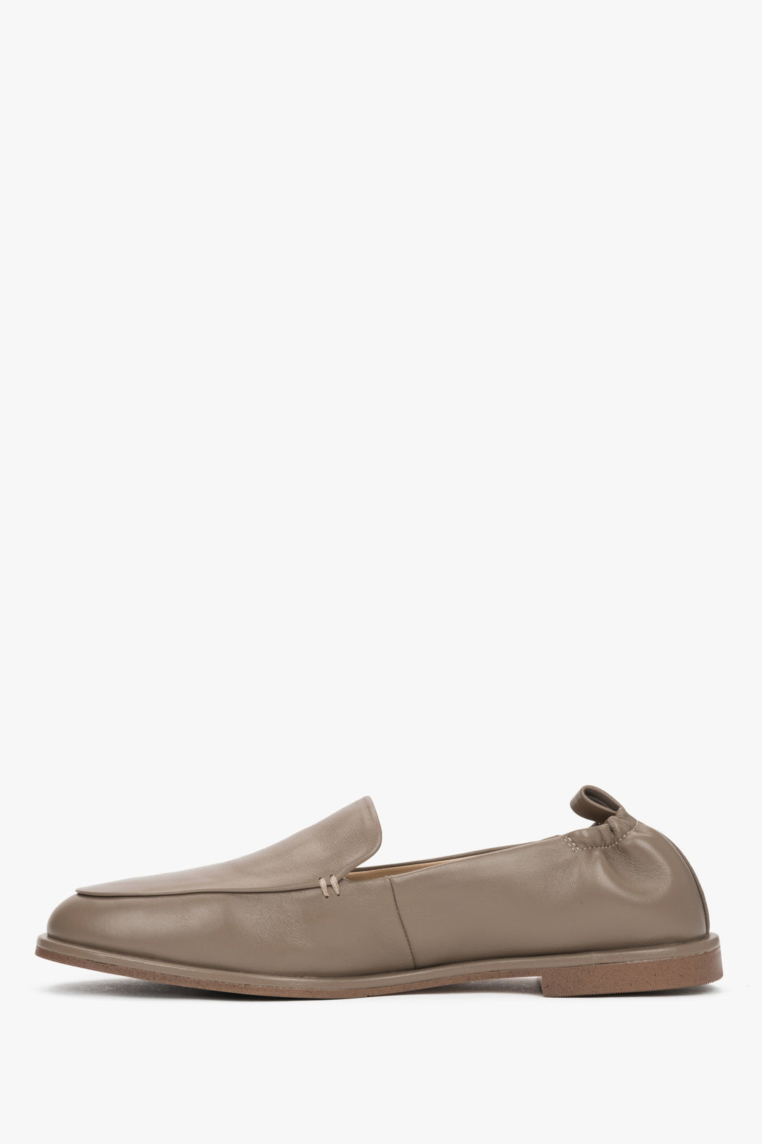 Low side view of women's olive green leather loafers by Estro