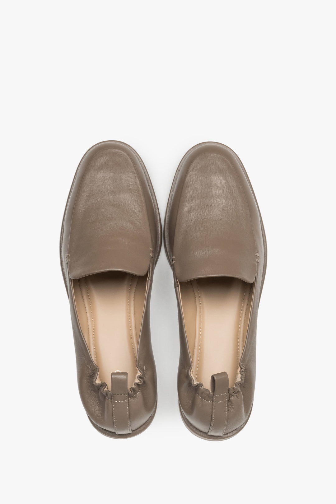 Top view of women's olive green leather loafers