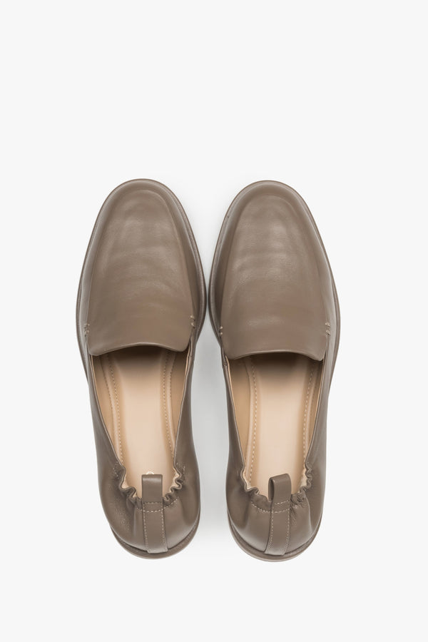 Top view of women's olive green leather loafers