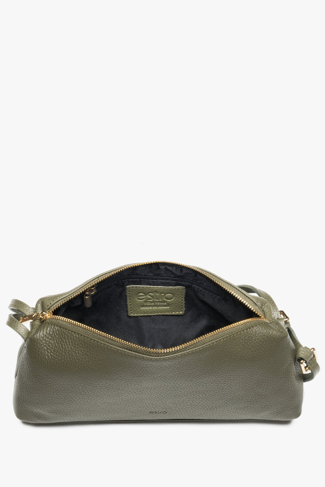Oblong women's handbag in olive made of natural Italian pebbled leather.