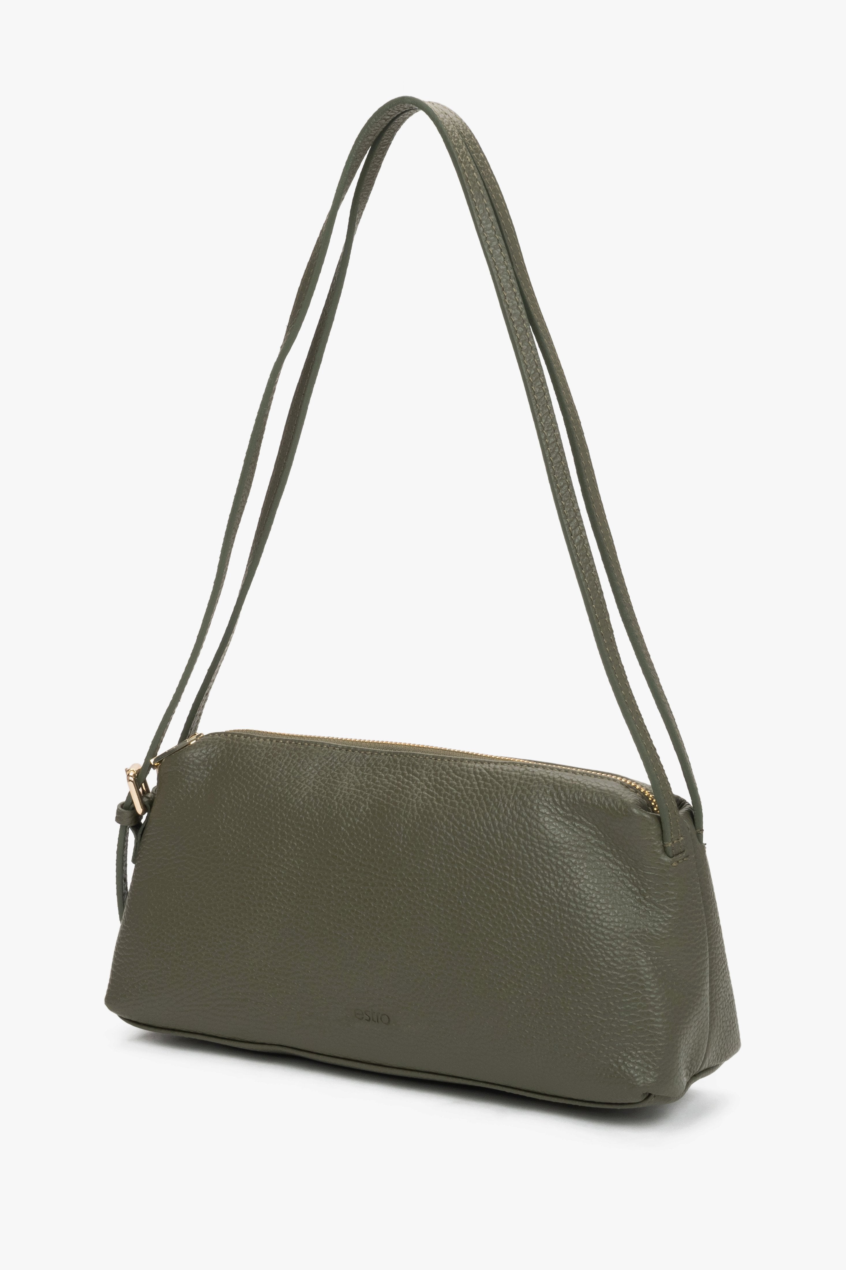 Stylish olive women's handbag made of textured premium Italian leather in an oblong design.