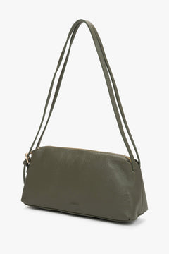 Stylish olive women's handbag made of textured premium Italian leather in an oblong design.