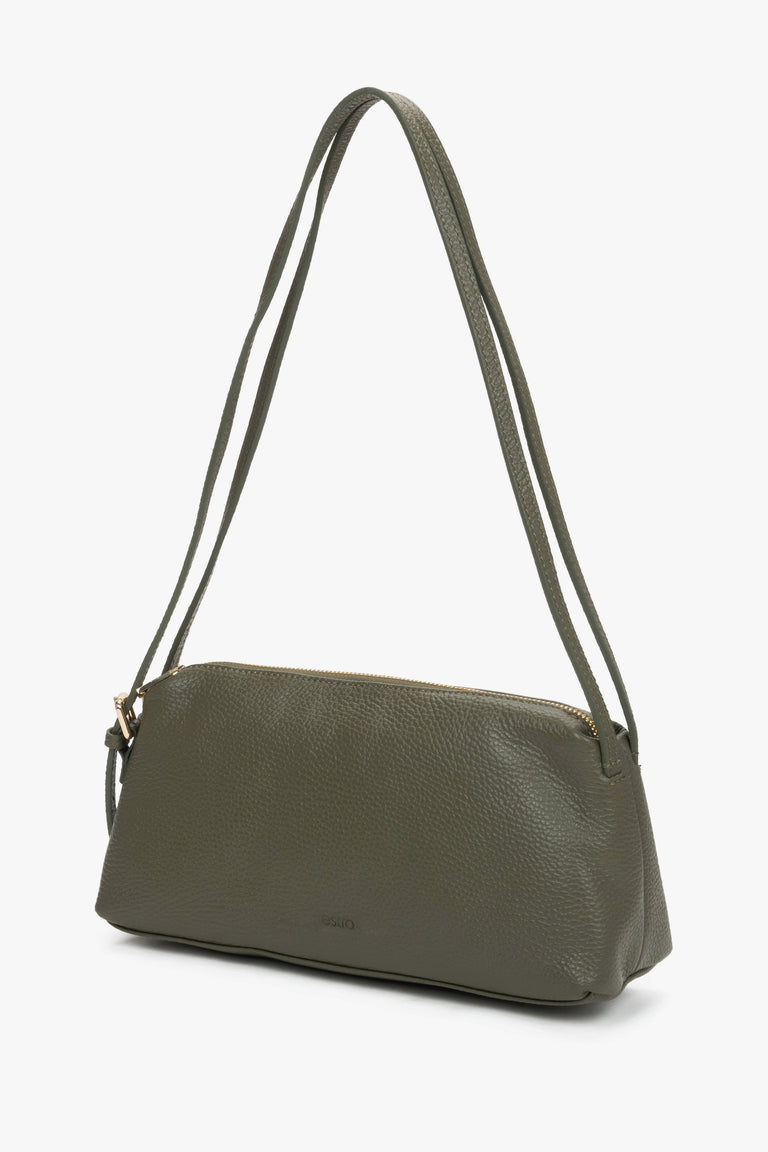 Stylish olive women's handbag made of textured premium Italian leather in an oblong design.