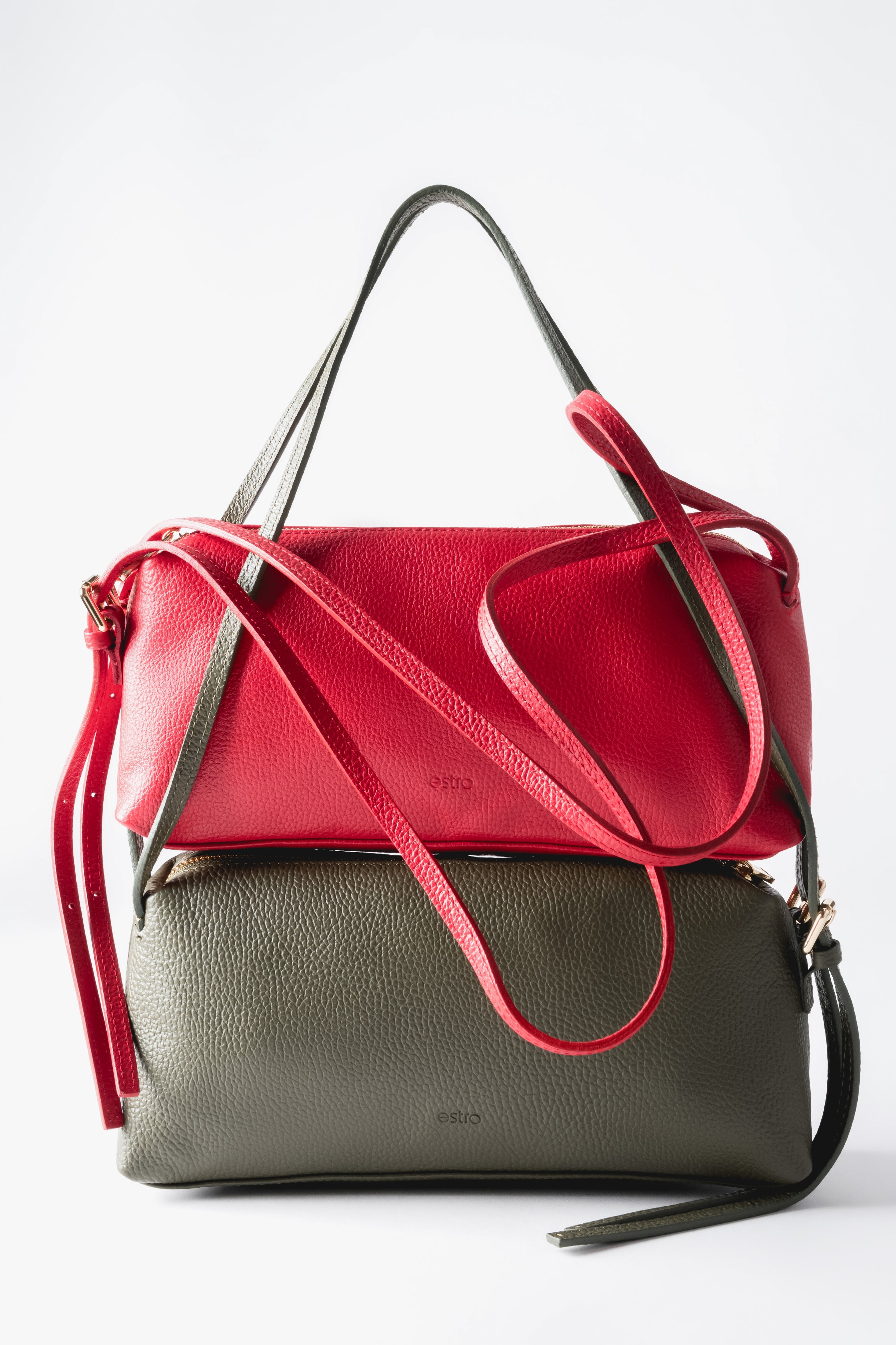 Oblong women's handbags made of Italian leather – red and olive colors.