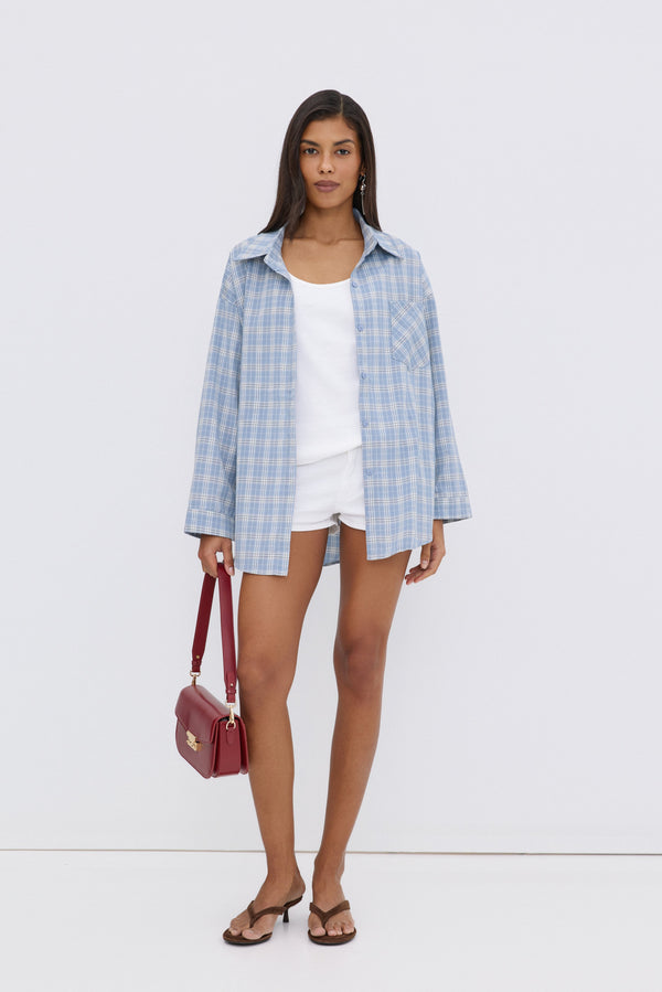 Women's oversized button-up shirt in blue and white plaid.