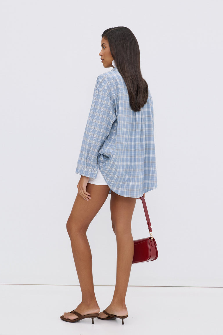 Women's oversized blue and white checkered button-up shirt, Estro.