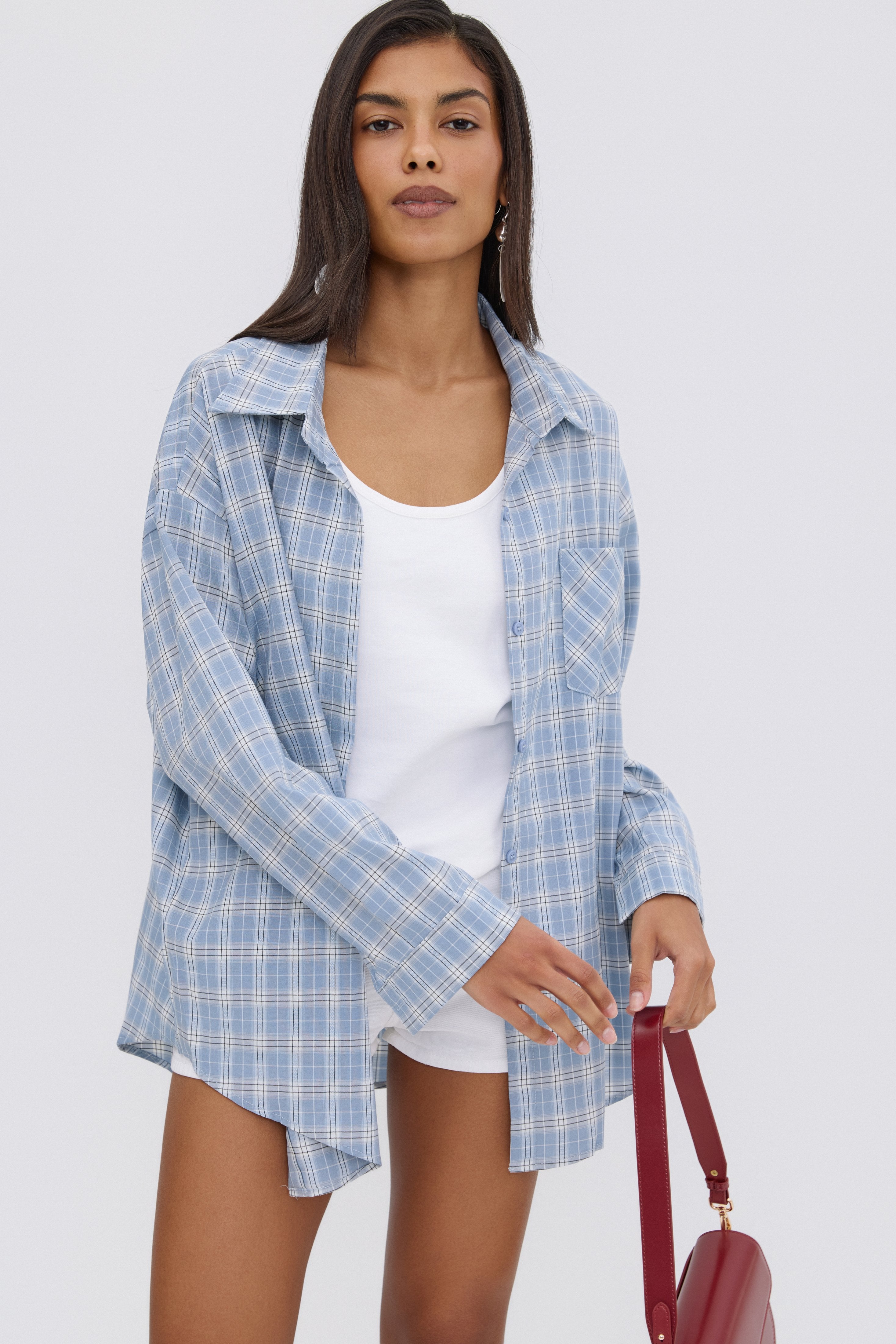 Button-up blue and white women's oversized plaid shirt, Estro.