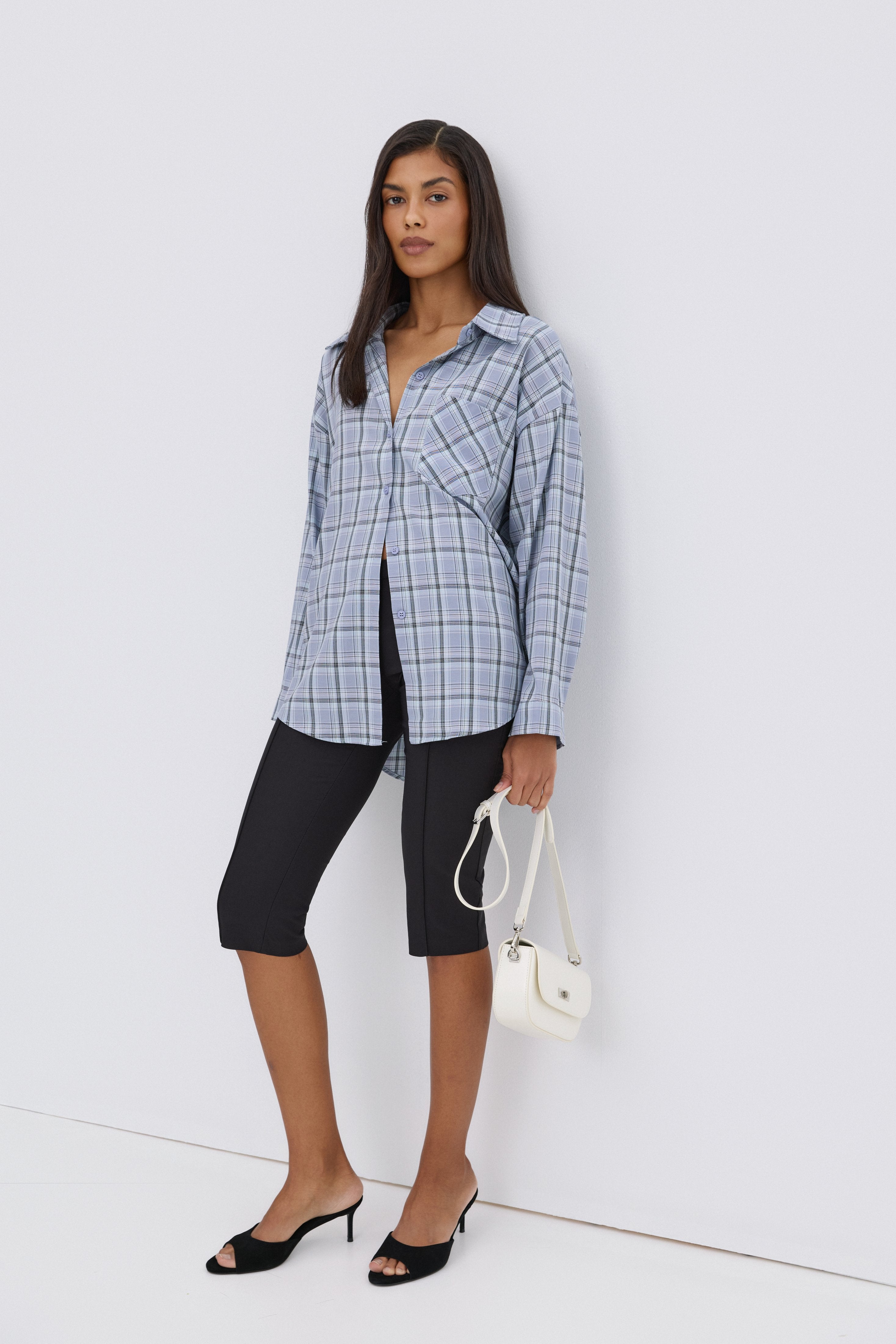 Women's oversized blue plaid button-up shirt, Estro.