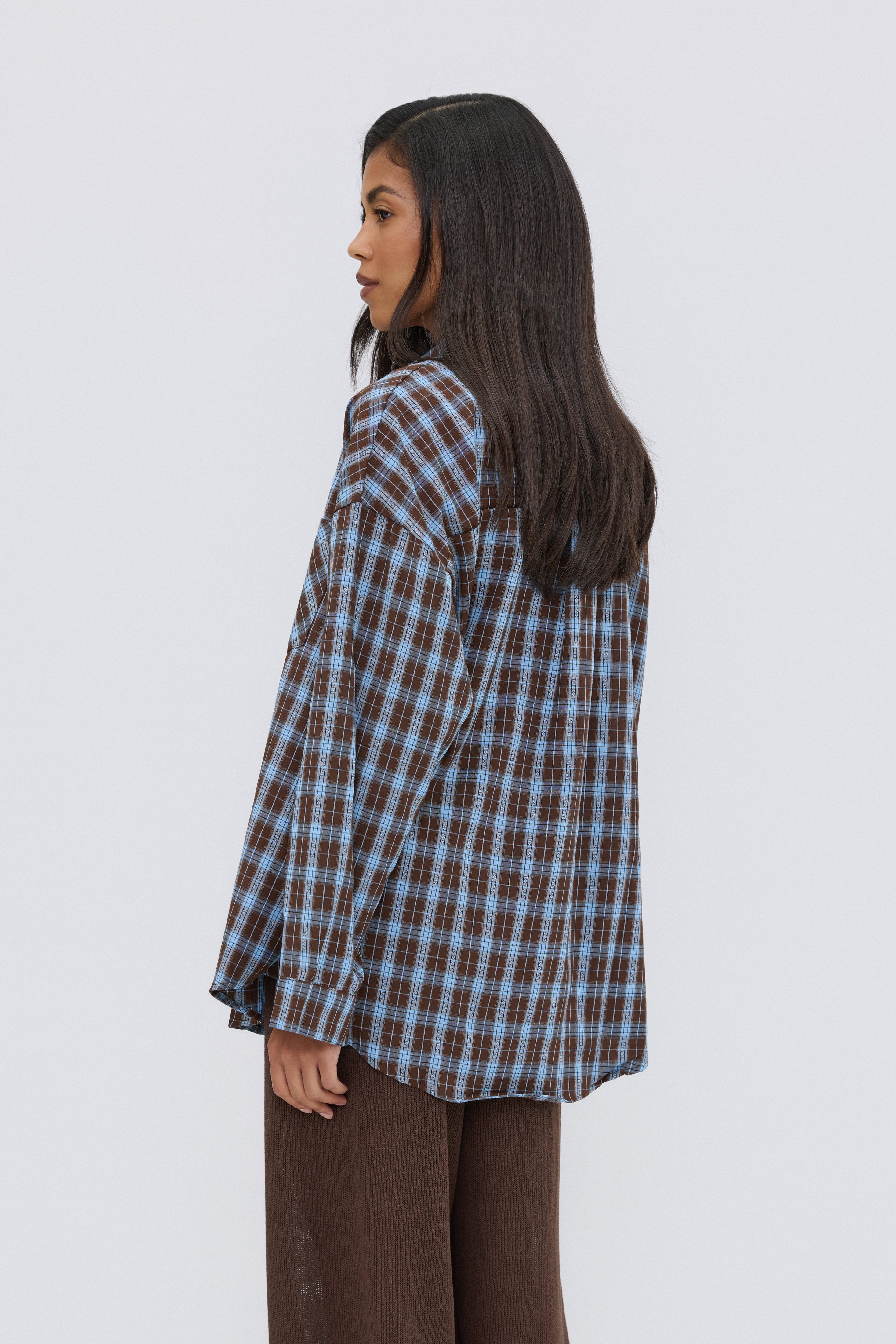 Women's oversized blue and brown checkered button-up shirt, Estro.