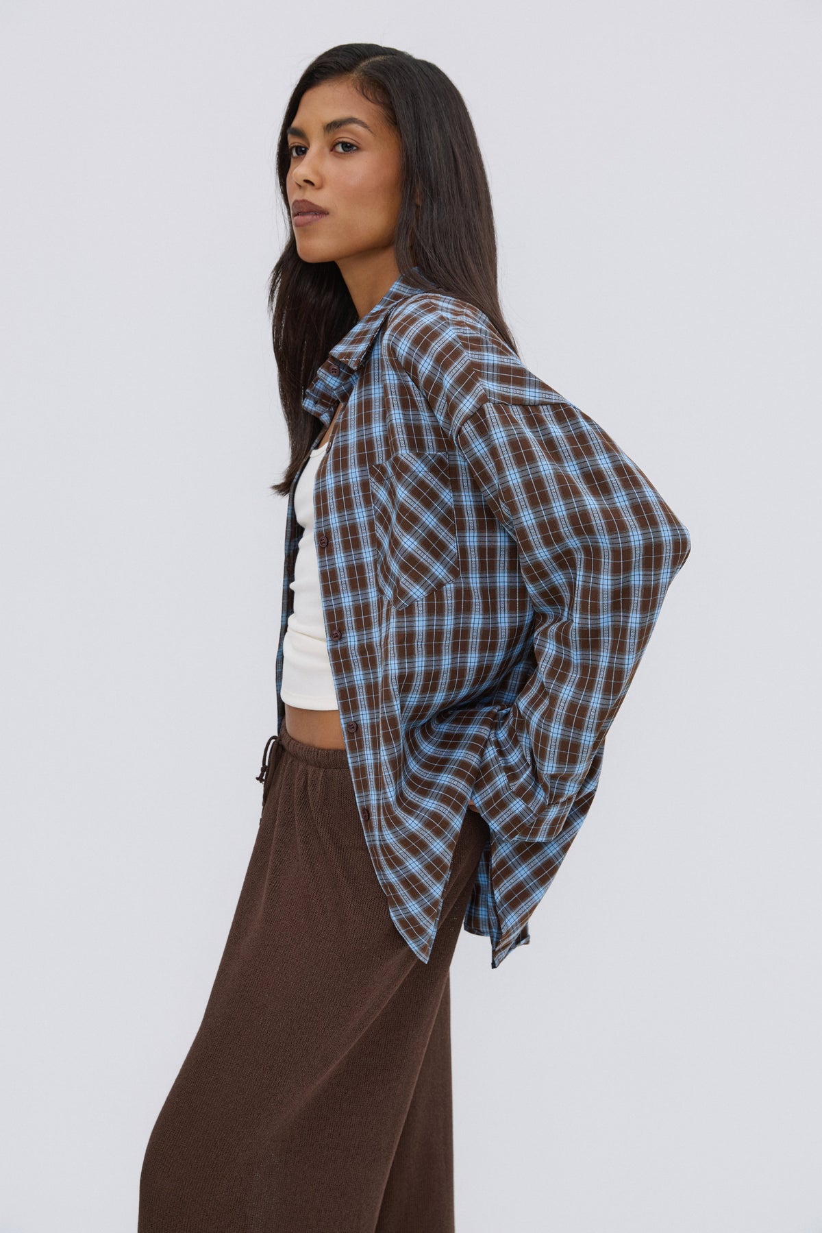 Button-up blue and brown women's oversized checkered shirt, Estro.