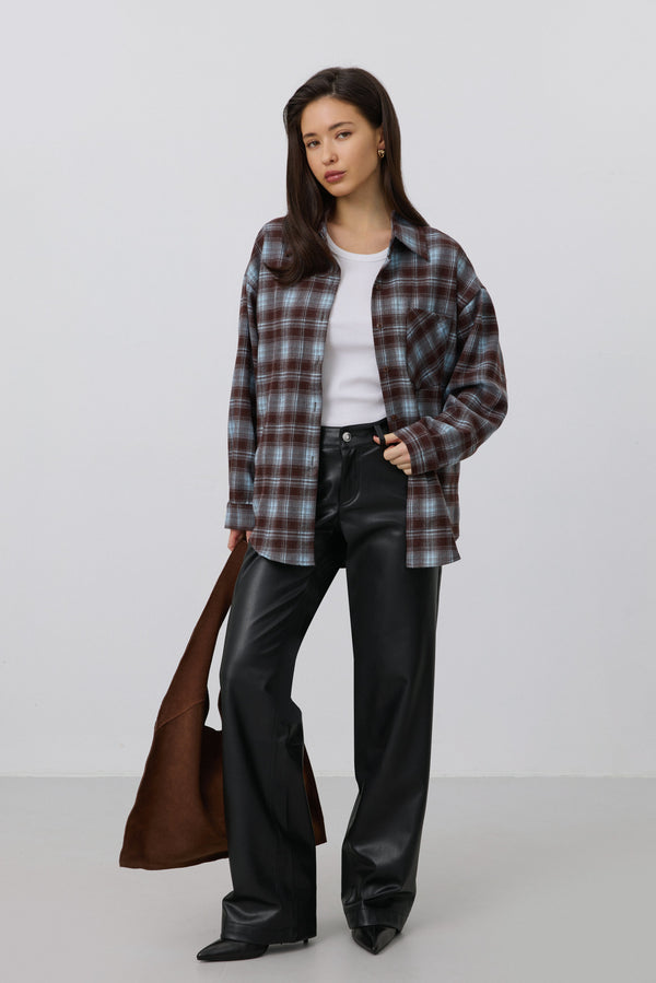 Women's oversized burgundy and blue checkered button-up shirt, Estro.