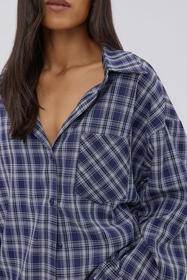 Women's oversized blue checkered button-up shirt, Estro.