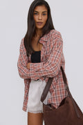 Women's Oversized Button-Up Shirt in Pink Plaid Estro ER00119776.