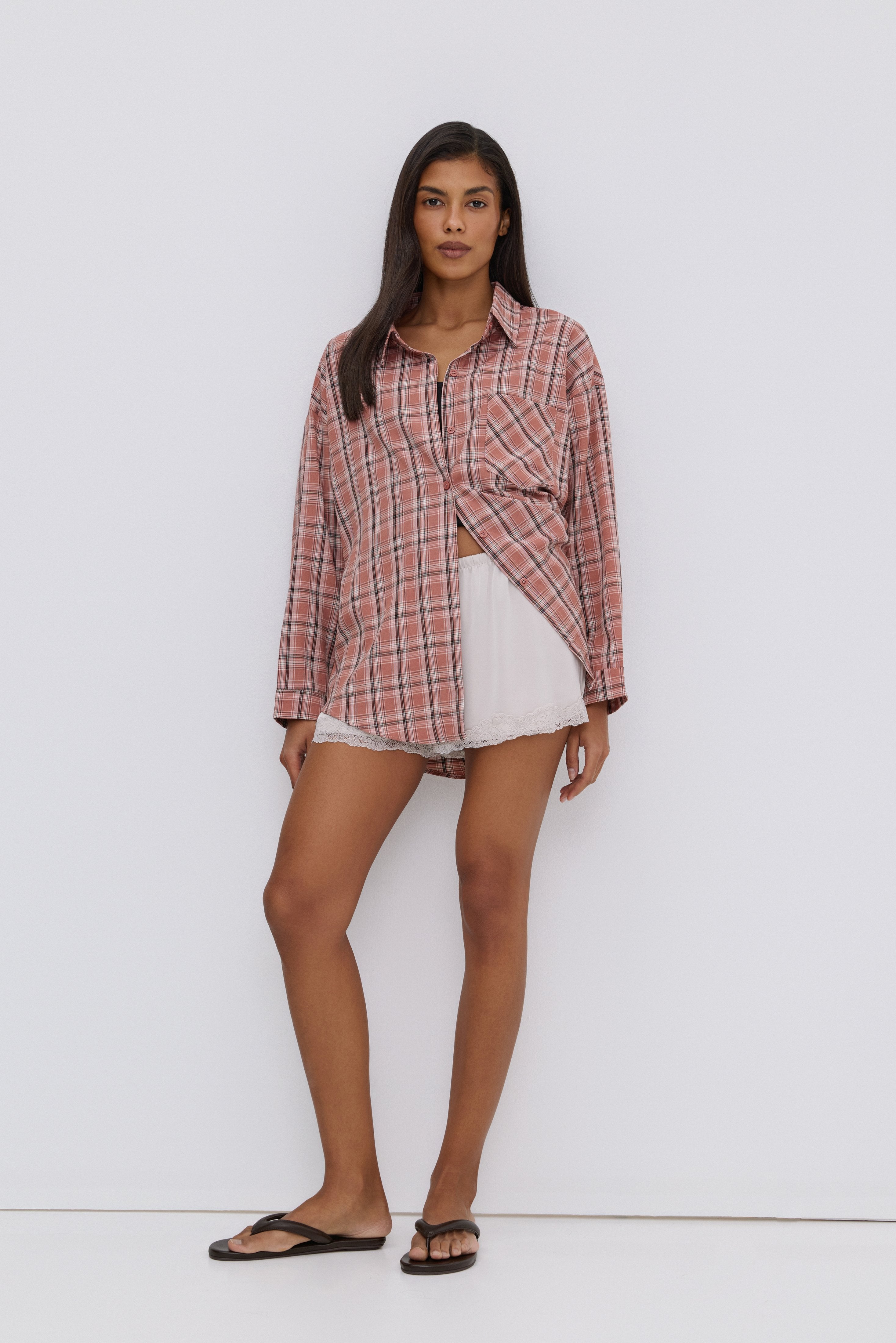 Women's oversized pink plaid button-up shirt, Estro.