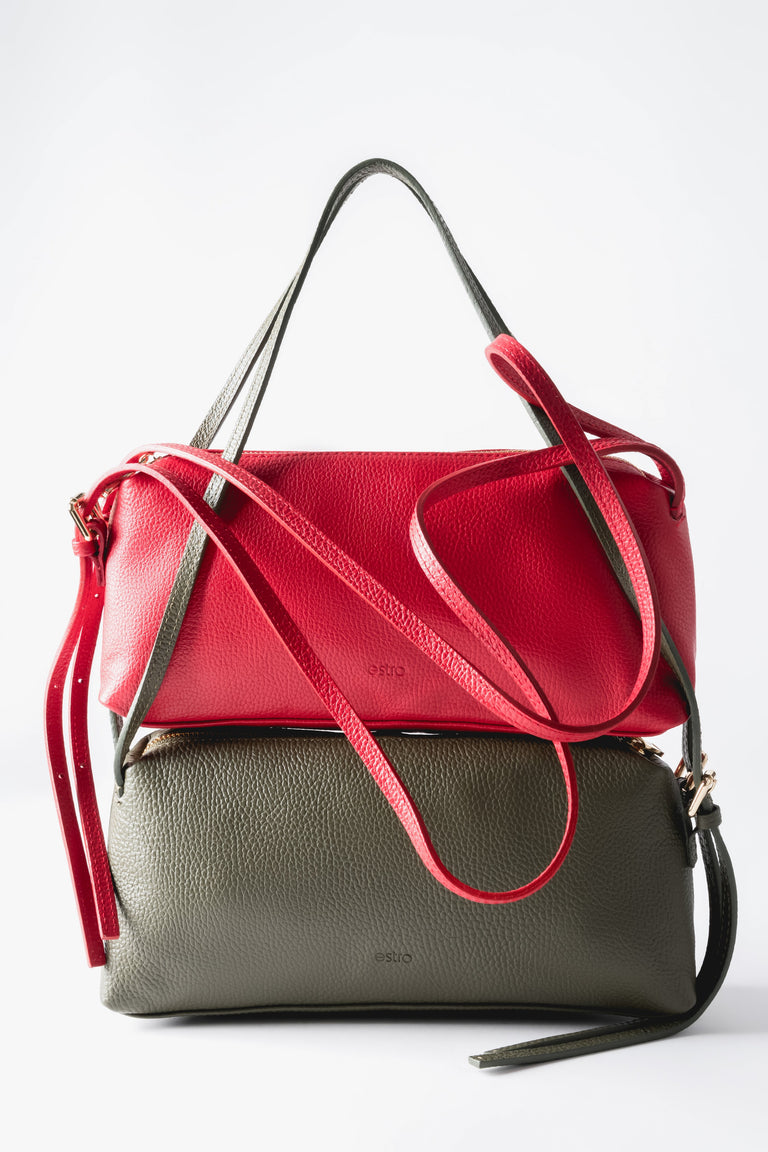 Oblong women's handbags made of Italian leather – red and olive colors.