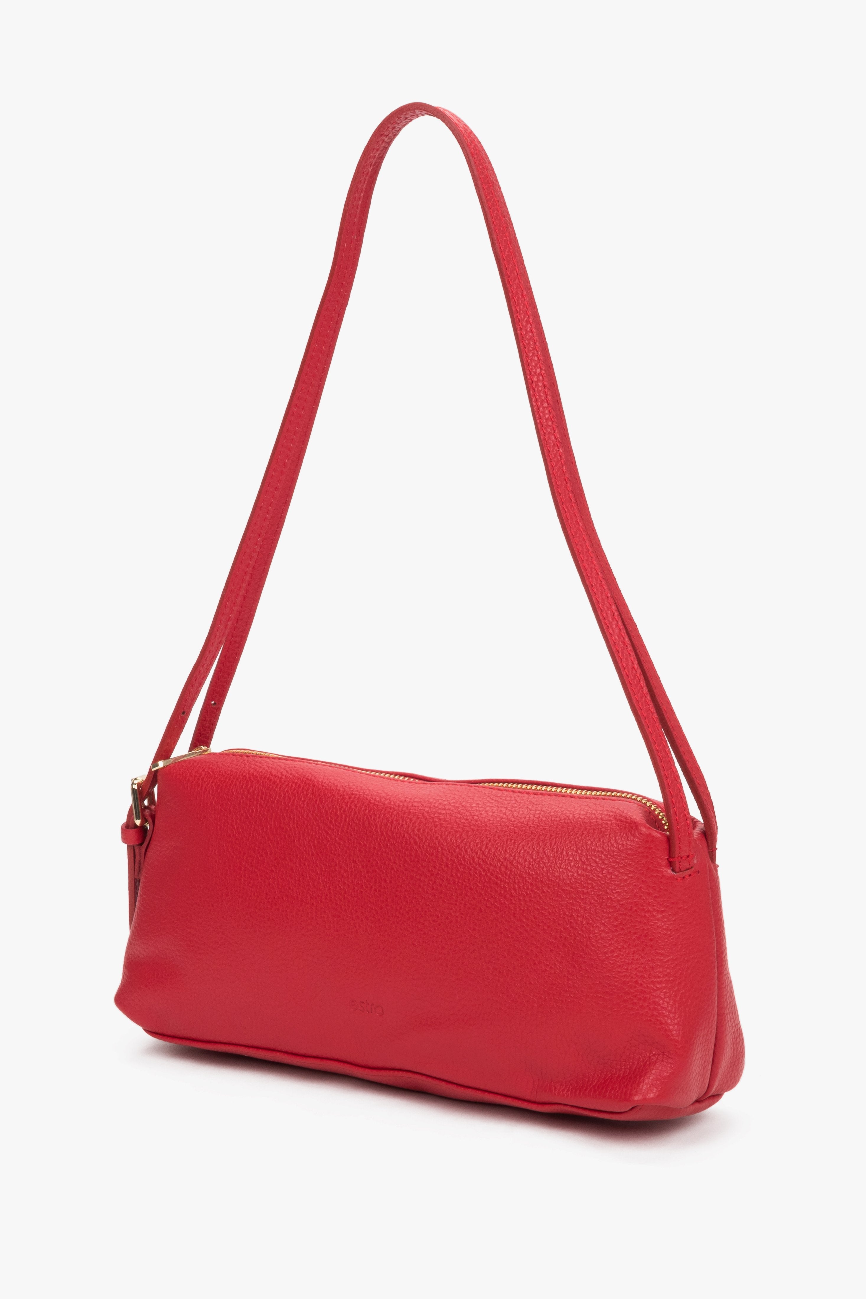 Red leather women's shoulder bag made of high-quality Italian pebbled leather.