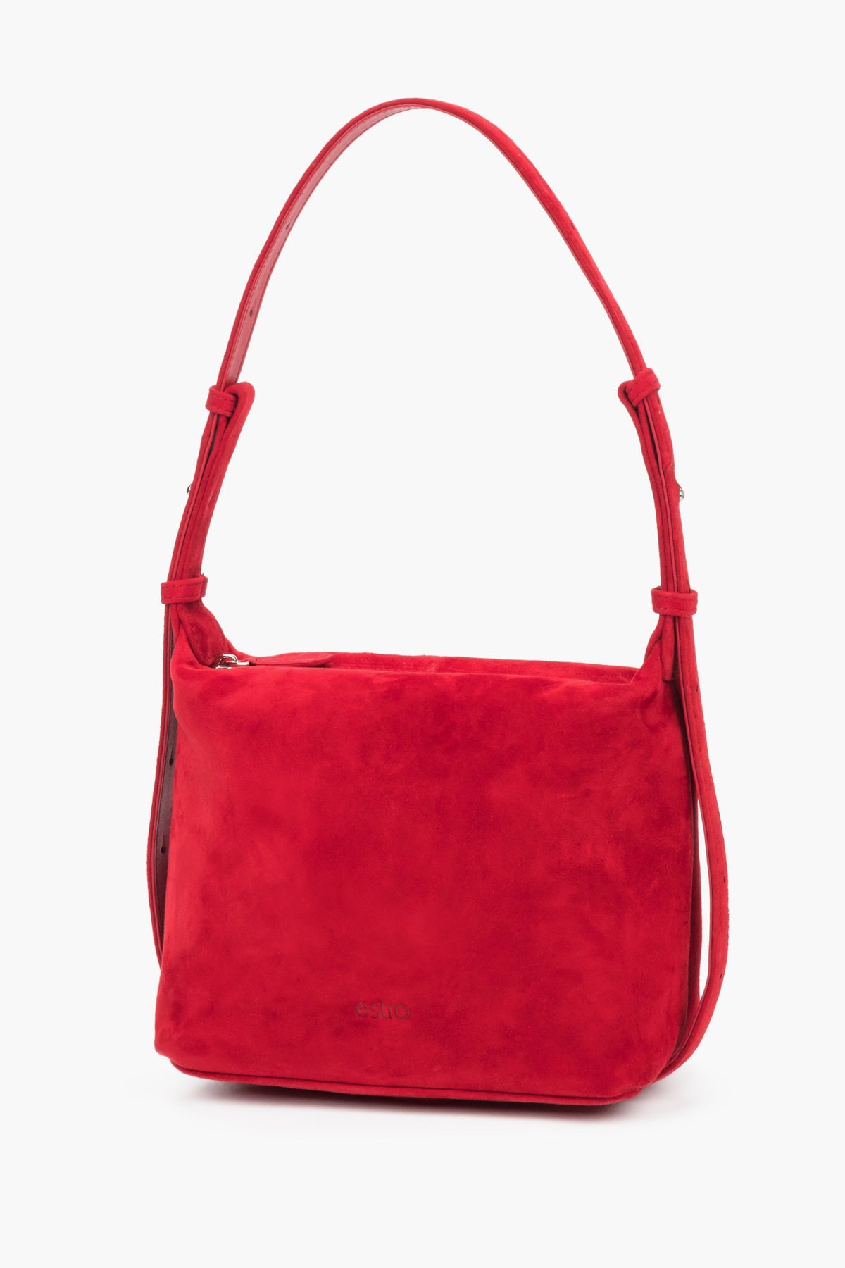 A red velvet Estro handbag with soft lines and a geometric design, showcasing the rich hue of the upper and a discreet logo.