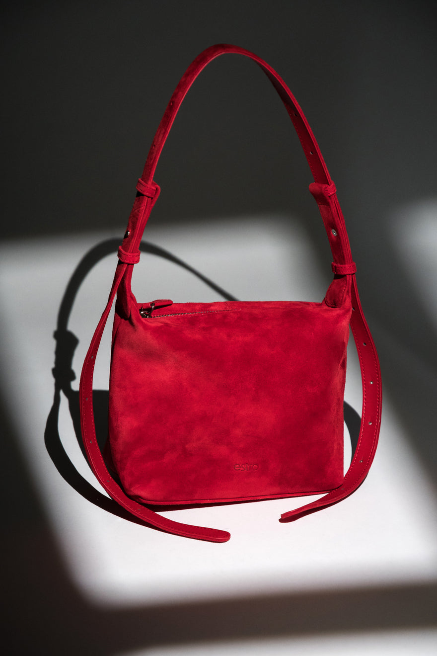 Women's Red Shoulder Bag made of Soft Genuine Velour Estro ER00119885.