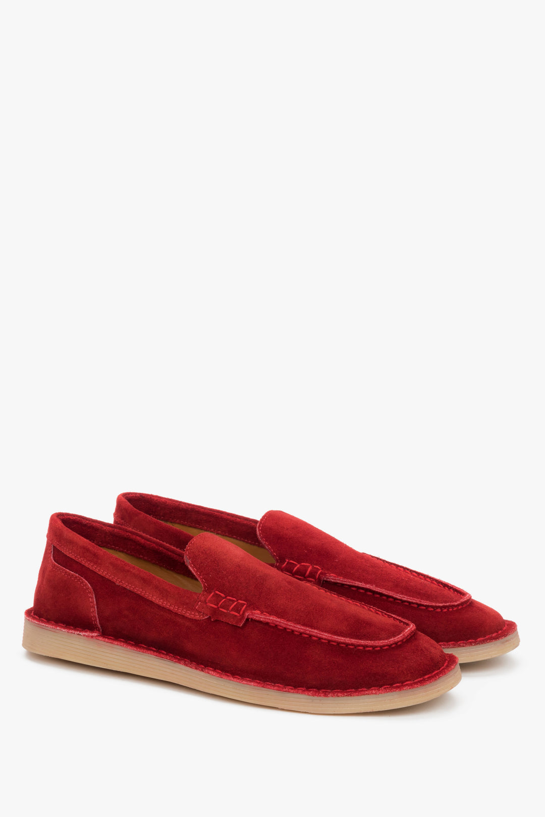 Red velour women’s Estro loafers on a flat light sole, showcasing the rich texture of natural velour and a classic upper line.