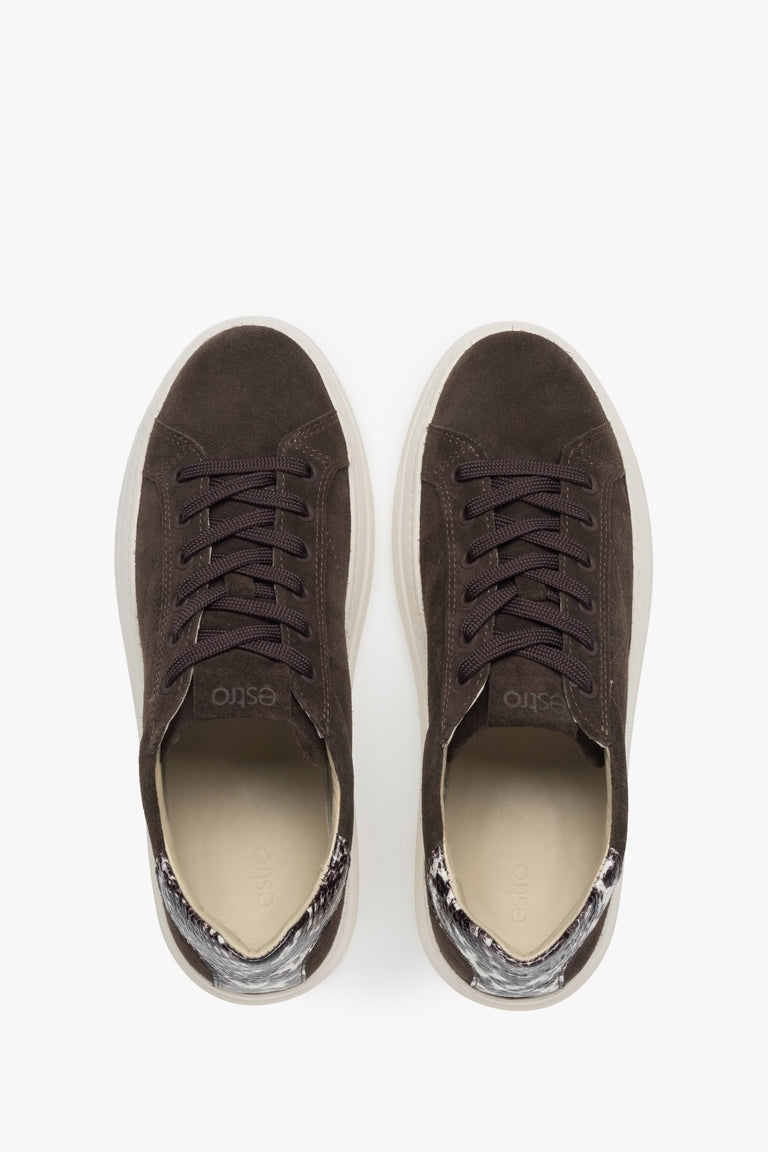 Estro Women's Saddle Brown Sneakers: Animal Print Italian Velour Details - a close-up from the top.