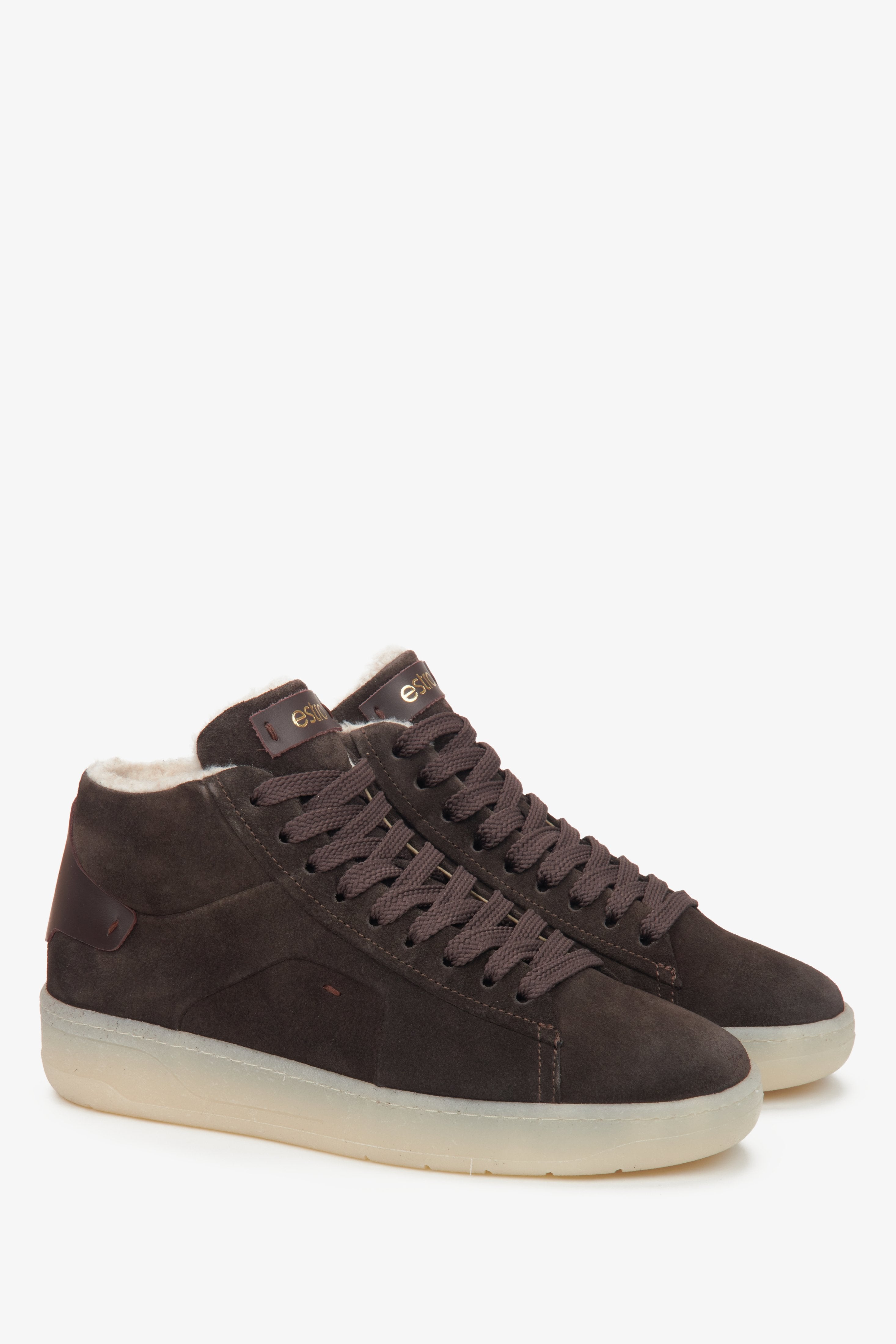 Women’s saddle brown high-top sneakers made from Italian velour by Estro.