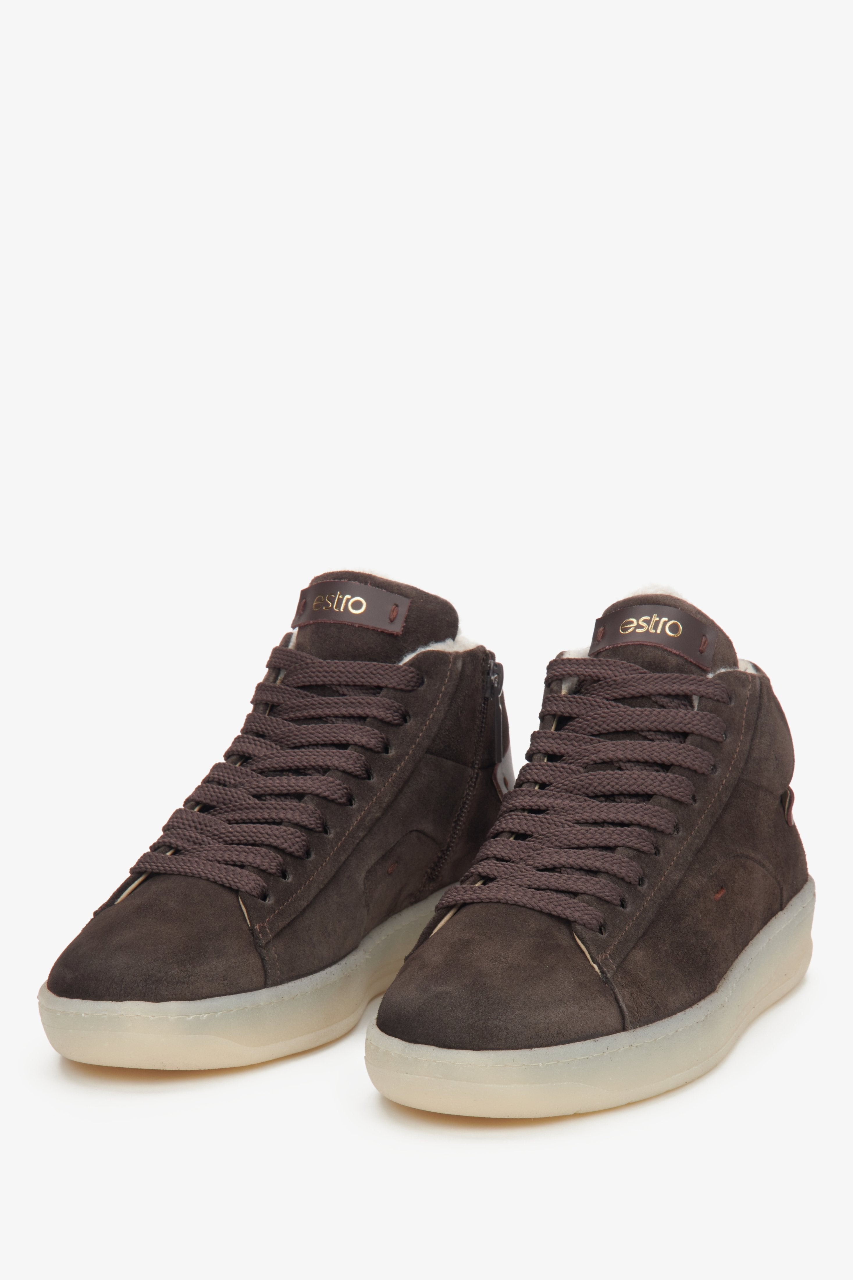 Estro presents women’s high-top sneakers in premium saddle brown Italian velour.