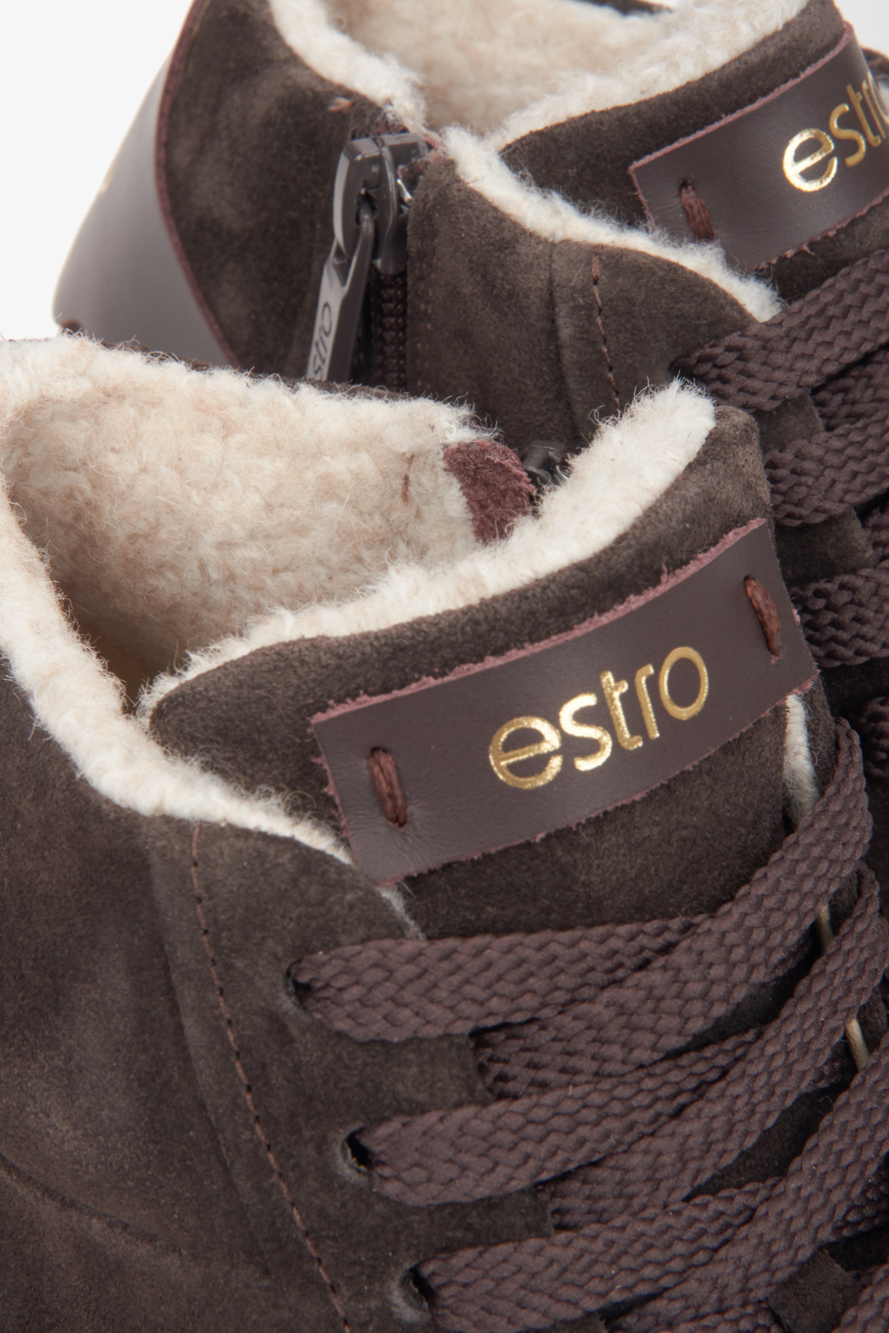 Saddle brown Italian velour high-top sneakers for women by Estro - details.