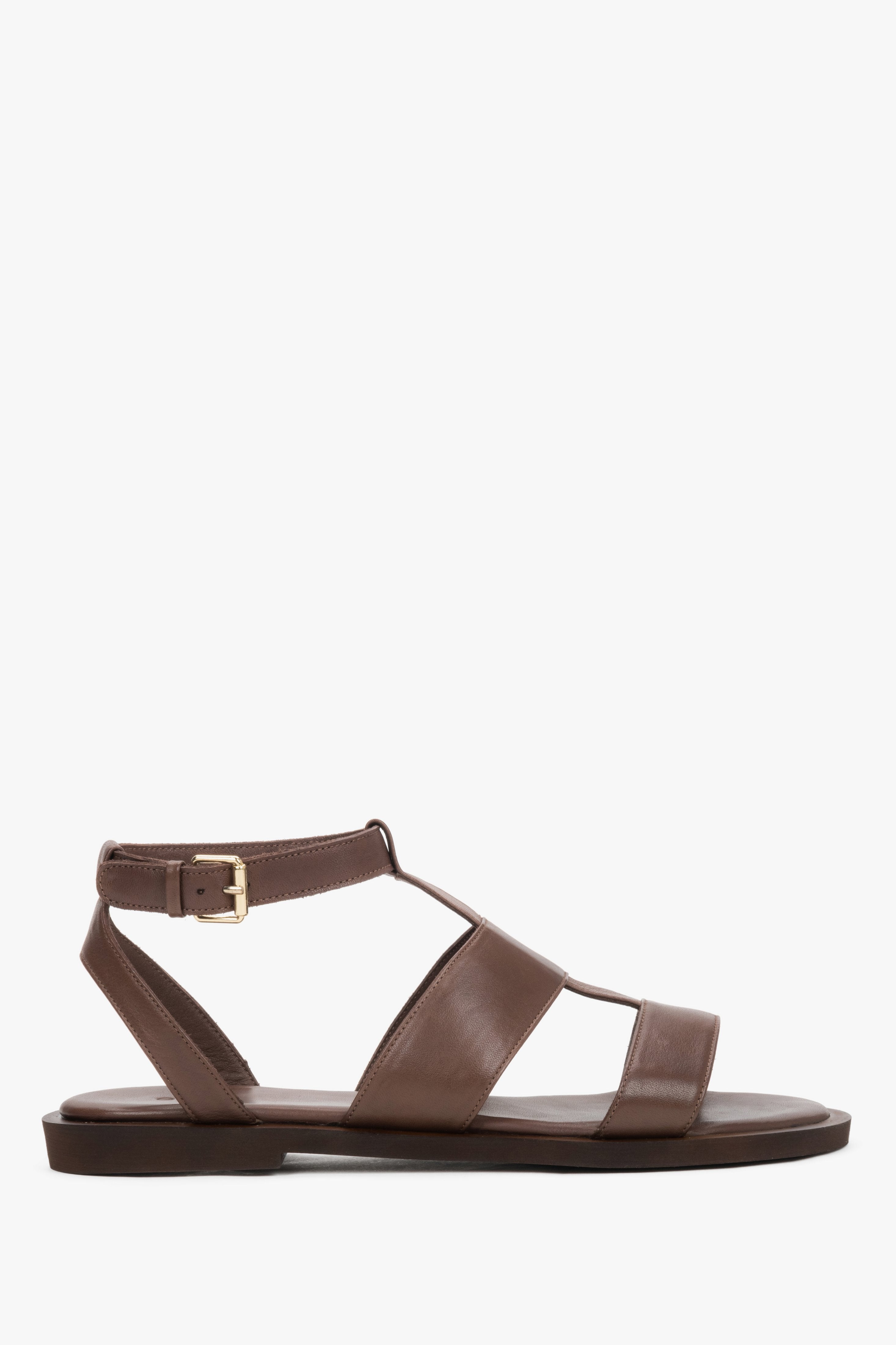 Women's Saddle Brown Leather Flat Sandals with Wide Straps Estro ER00119685.