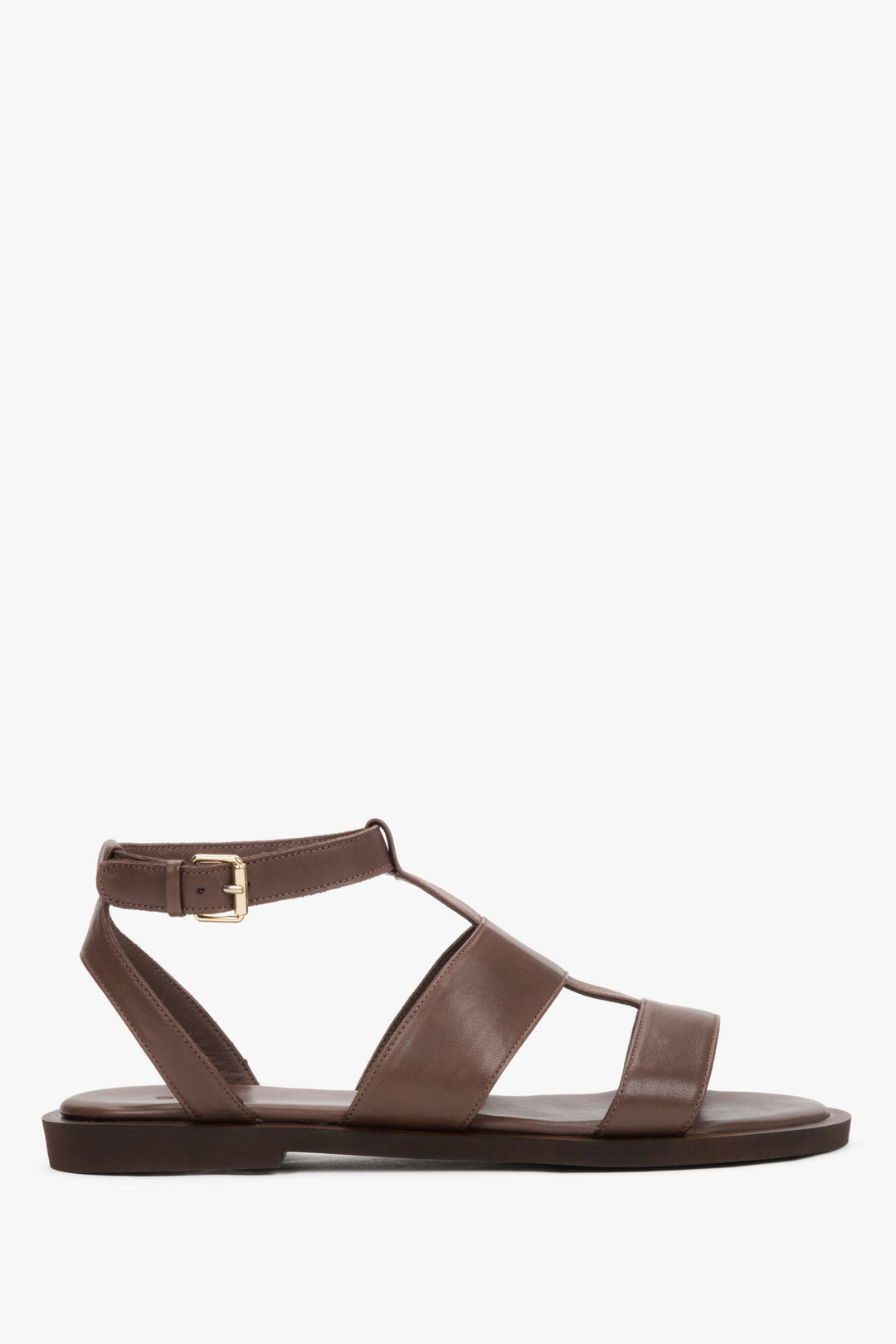 Women's Saddle Brown Leather Flat Sandals with Wide Straps Estro ER00119685.