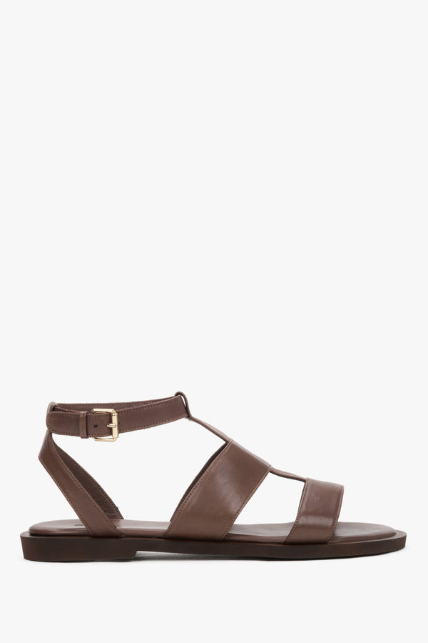 Women's Saddle Brown Leather Flat Sandals with Wide Straps Estro ER00119685.