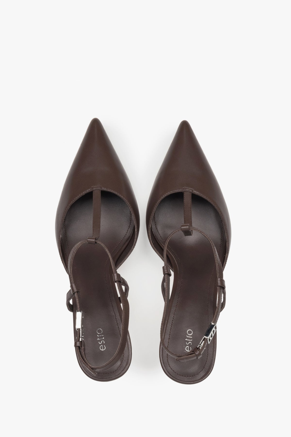 Estro saddle brown leather stiletto slingbacks for women.
