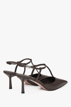 Sleek saddle brown slingbacks with stiletto heel and pointed toe.
